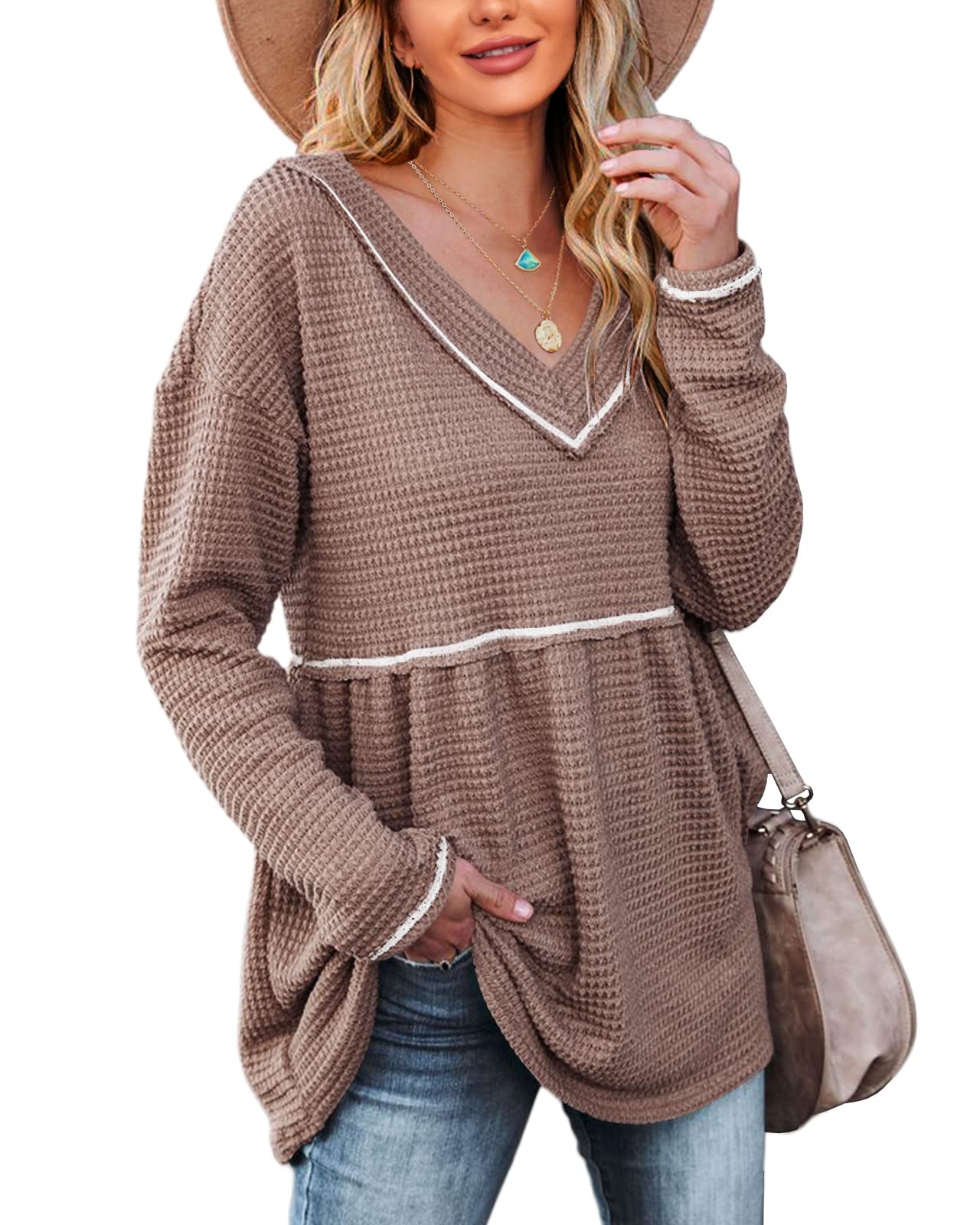 Women's V-Neck Waffle Knit Tunic Top - Long Sleeve Peplum Pullover Sweater, Casual Flowy Babydoll Swing Shirt for Work, Date Night & Everyday Wear