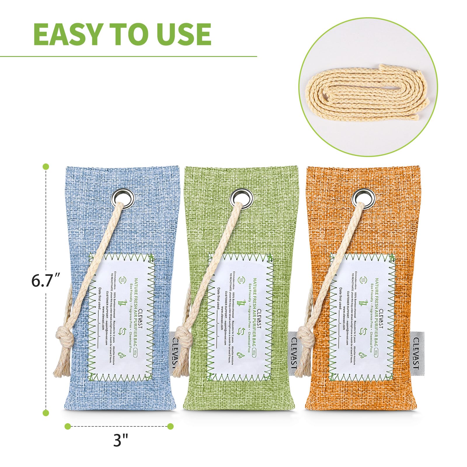 CLEVAST 6 Pack Bamboo Charcoal Air Purifying Bags (6x60g) - Natural Activated Odor Absorber, Moisture Eliminator & Deodorizer for Home, Closet, Shoes, Car & Pet Areas | Eco-Friendly Air Freshener for Fresh & Clean Spaces