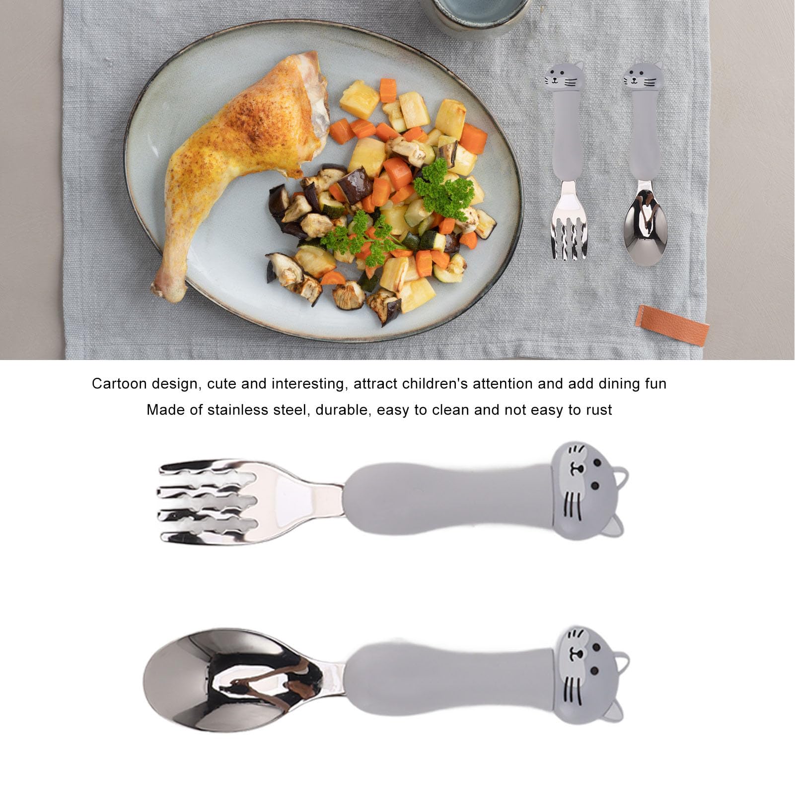 Stainless Steel Toddler Forks and Spoons Set - Self Feeding Training Utensils for Kids with Cat Design - Perfect for Baby-Led Weaning, Daycare & Home Use