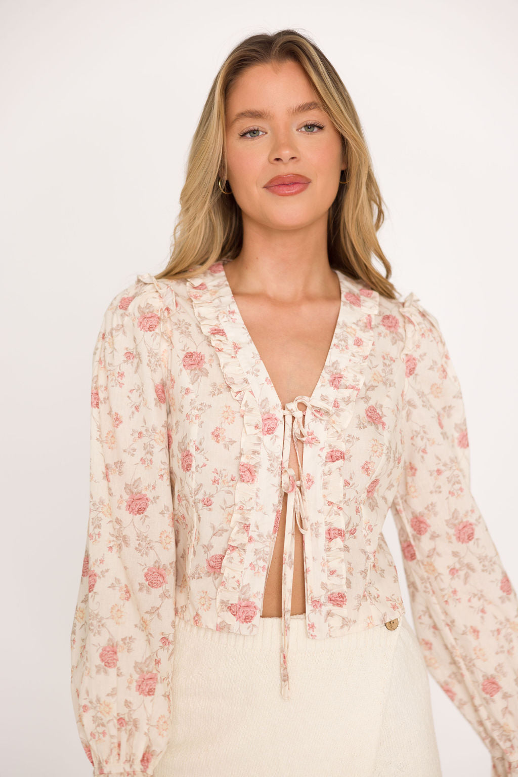 Hollis Ruffle Tie Top Women's Blouse - Cream & Pink Floral Print, Casual Summer Shirt for Date Night & Beach Outfits