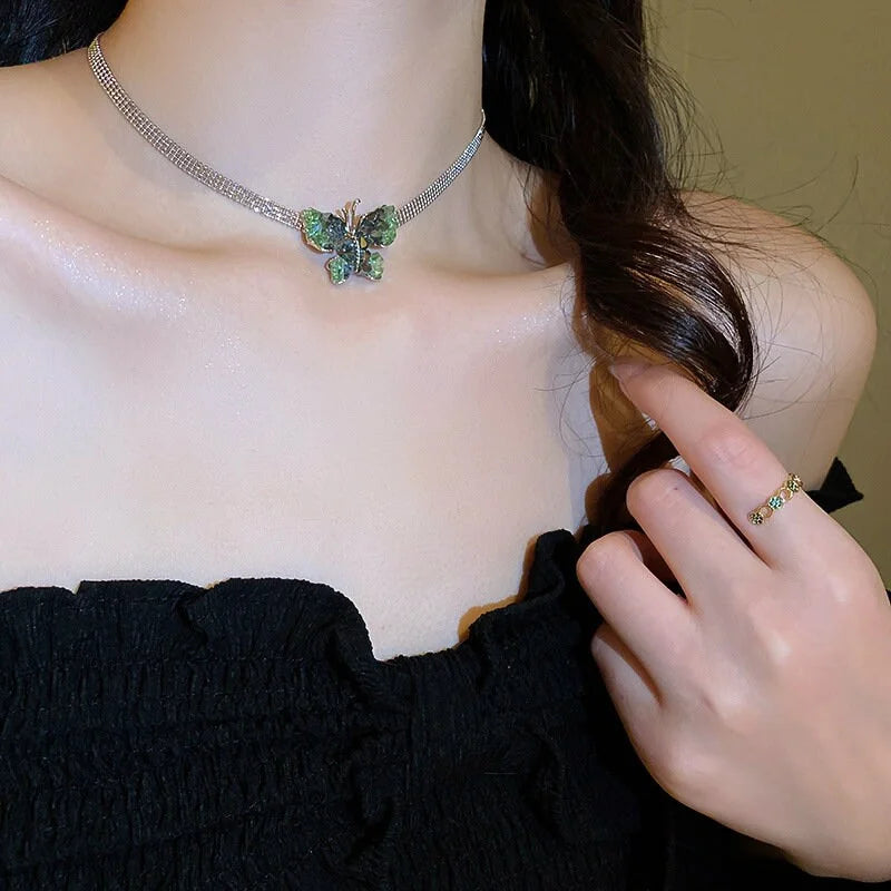 Elegant Crystal Butterfly Charm Tennis Choker Necklace for Women | Trendy Layered Necklace for Party, Date Night & Special Occasions | HN2714