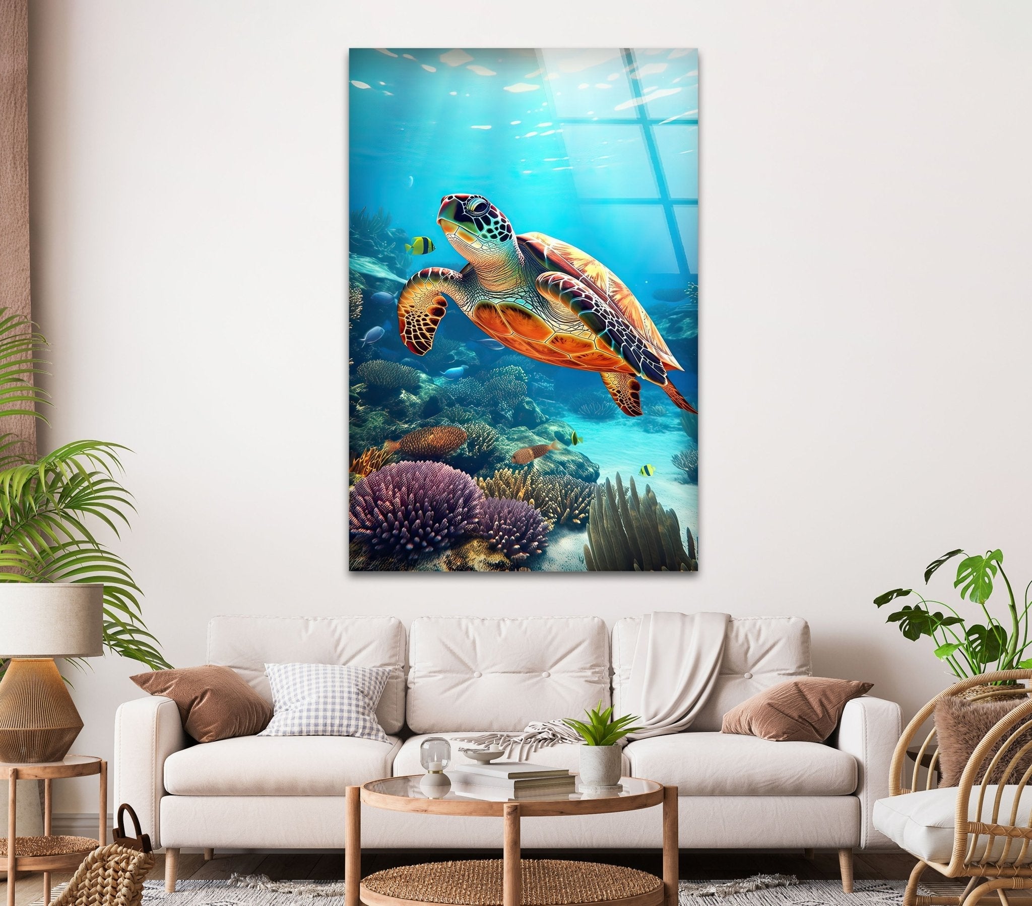 Stunning Aquatic Turtle Glass Wall Art - Handmade Sea Turtle Decor for Home & Office - Perfect for Living Room, Bedroom, or Bathroom Wall Decor