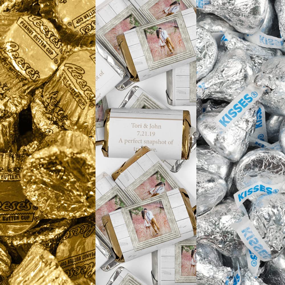 200pcs Personalized Wedding Chocolate Favor Kit - Custom Wrapped Miniatures, Kisses & Peanut Butter Cups - Rustic Photo Candy Buffet Supplies for Wedding, Bridal Shower & Anniversary Party Favors