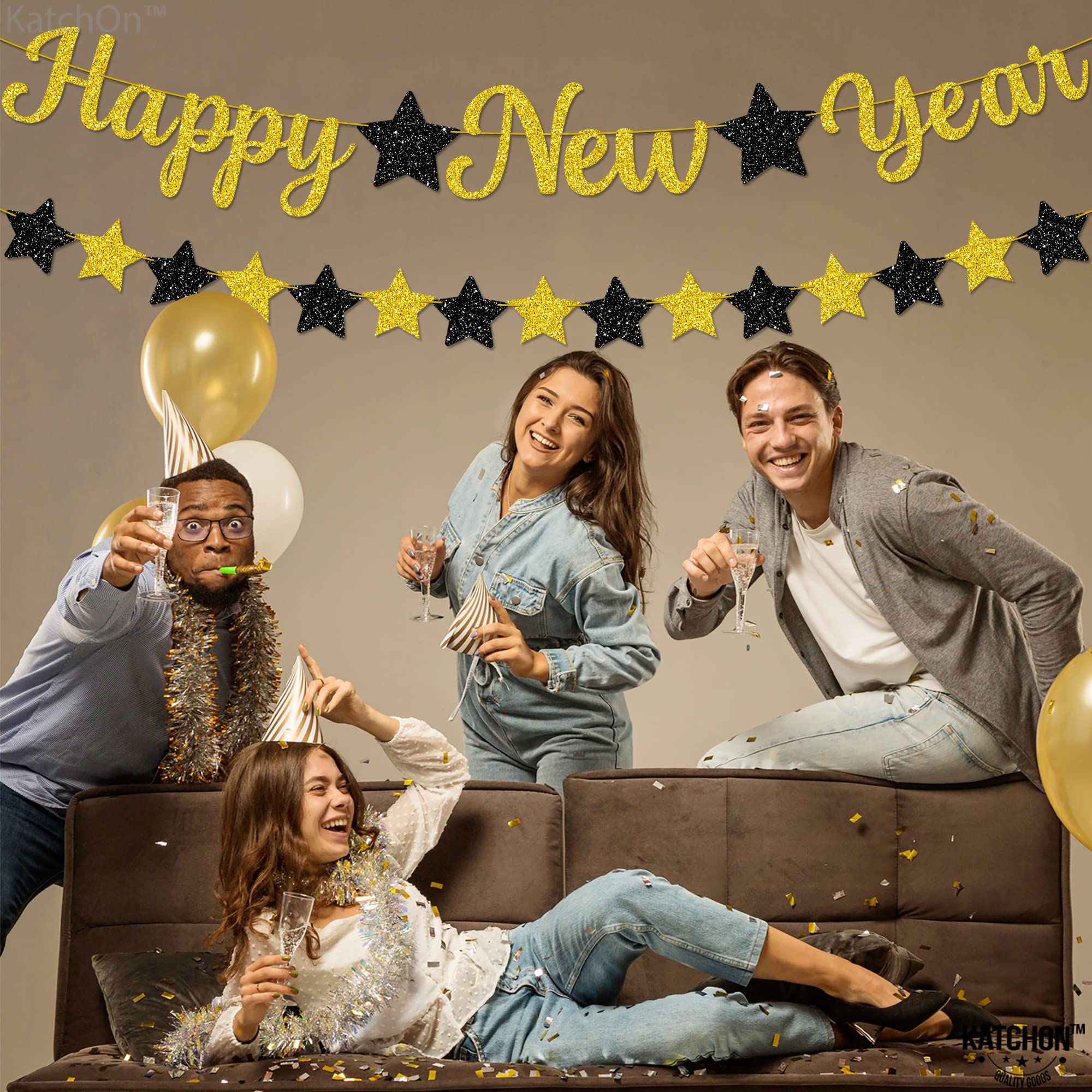 KatchOn 10ft Glitter Happy New Year Banner 2025 - No DIY Required | Premium NYE Party Decorations for New Year's Eve Celebrations, Home & Office Decor | Perfect for Countdown Parties, Wall Hangings & Festive Holiday Decor
