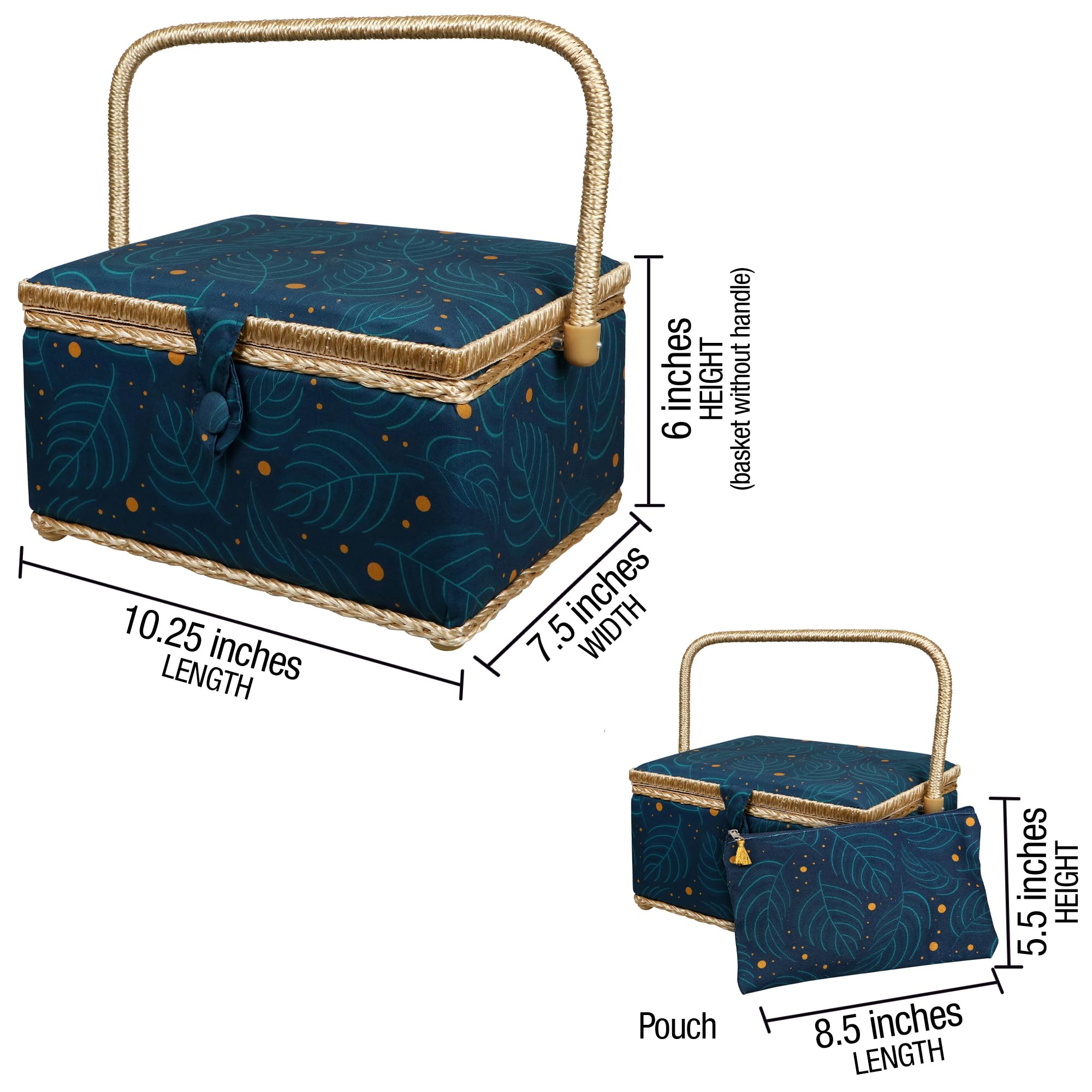 SINGER Large Floral Sewing Basket with Matching Zipper Pouch - Portable Sewing Organizer for Needles, Thread & Supplies - Perfect for Travel, Crafting & Home Organization (Leaf Print Design)