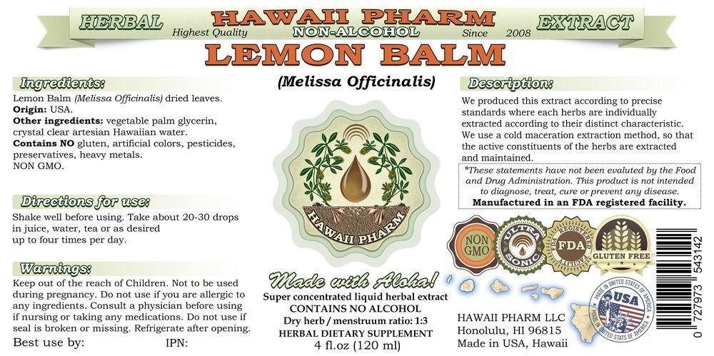 Alcohol-Free Lemon Balm Liquid Extract (Melissa officinalis) | Natural Herbal Supplement by Hawaii Pharm | 2x32 oz Unfiltered Glycerite | Stress Relief & Sleep Aid for Relaxation & Wellness