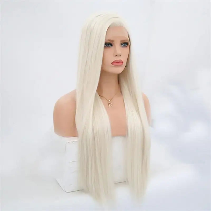 Long Silky Straight White Blonde Synthetic Lace Front Wig for Women - Perfect for Cosplay, Daily Wear & Special Occasions