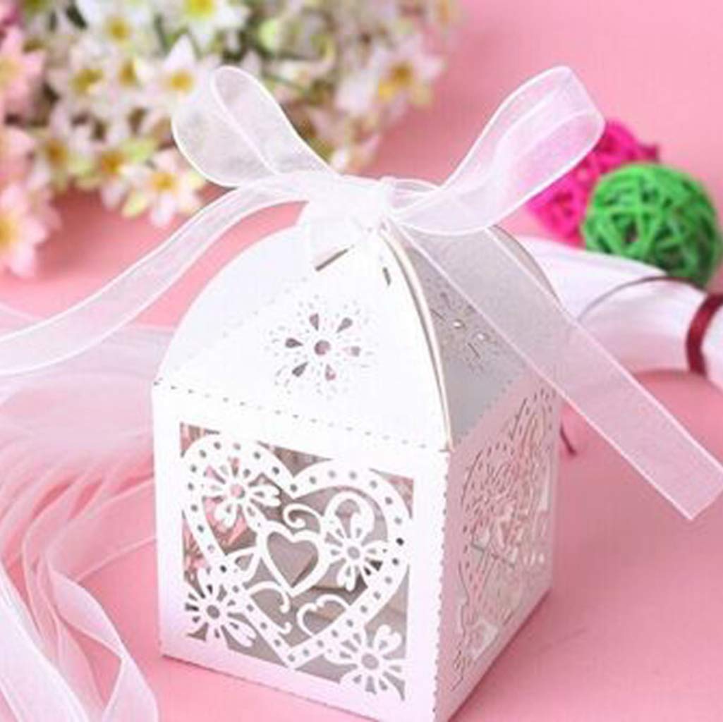 YURASIKU 100Pcs Heart-Shaped Laser Cut Candy Boxes - Hollow Out Design in Purple, Beige & Pink - Perfect for Wedding Favors, Baby Shower Gifts & Engagement Party Decorations - Elegant Treat Bags for Special Occasions