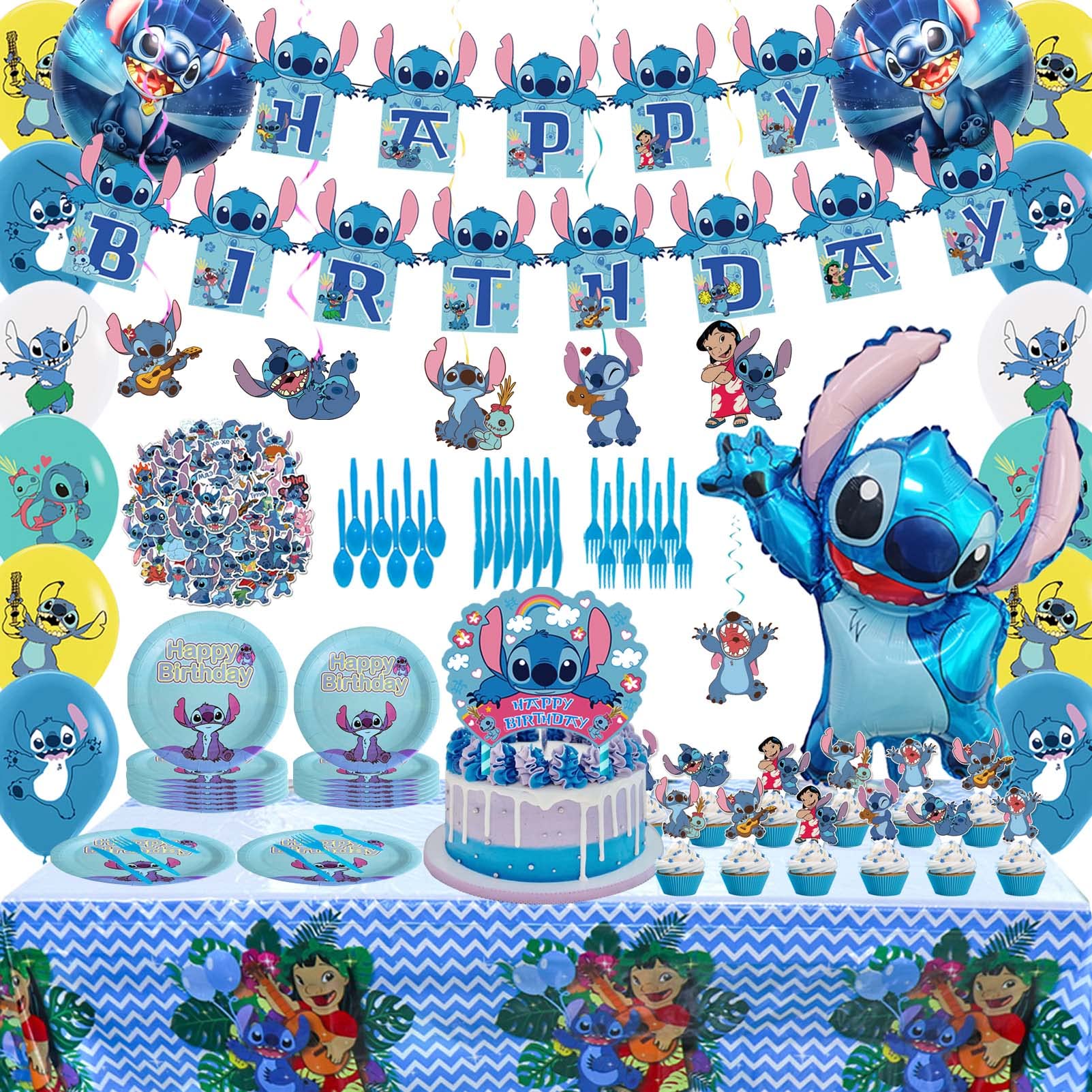 152PCS Stitch Themed Party Supplies Kit - Balloons, Plates, Banner, Tablecloth, Hanging Swirls & Cake Toppers for Disney Stitch Birthday Decorations | Perfect for Kids Birthday Parties, Baby Showers & Themed Celebrations