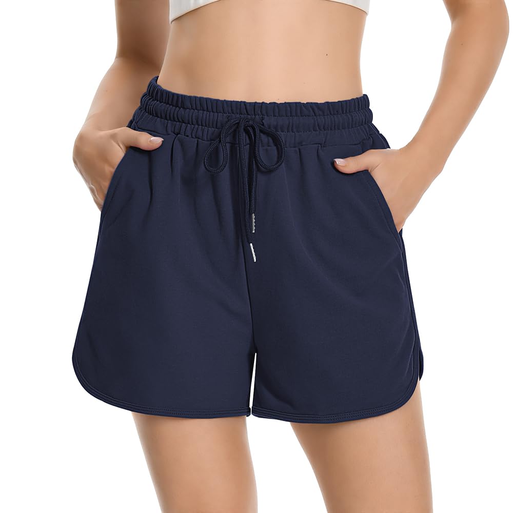 Women's Casual Sweat Shorts with Pockets - High Waisted Cotton Lounge Shorts for Summer, Athletic Workout & Yoga - Curvy Hem Drawstring Jersey Shorts for Women - Perfect for Gym, Running, Travel & Relaxing at Home