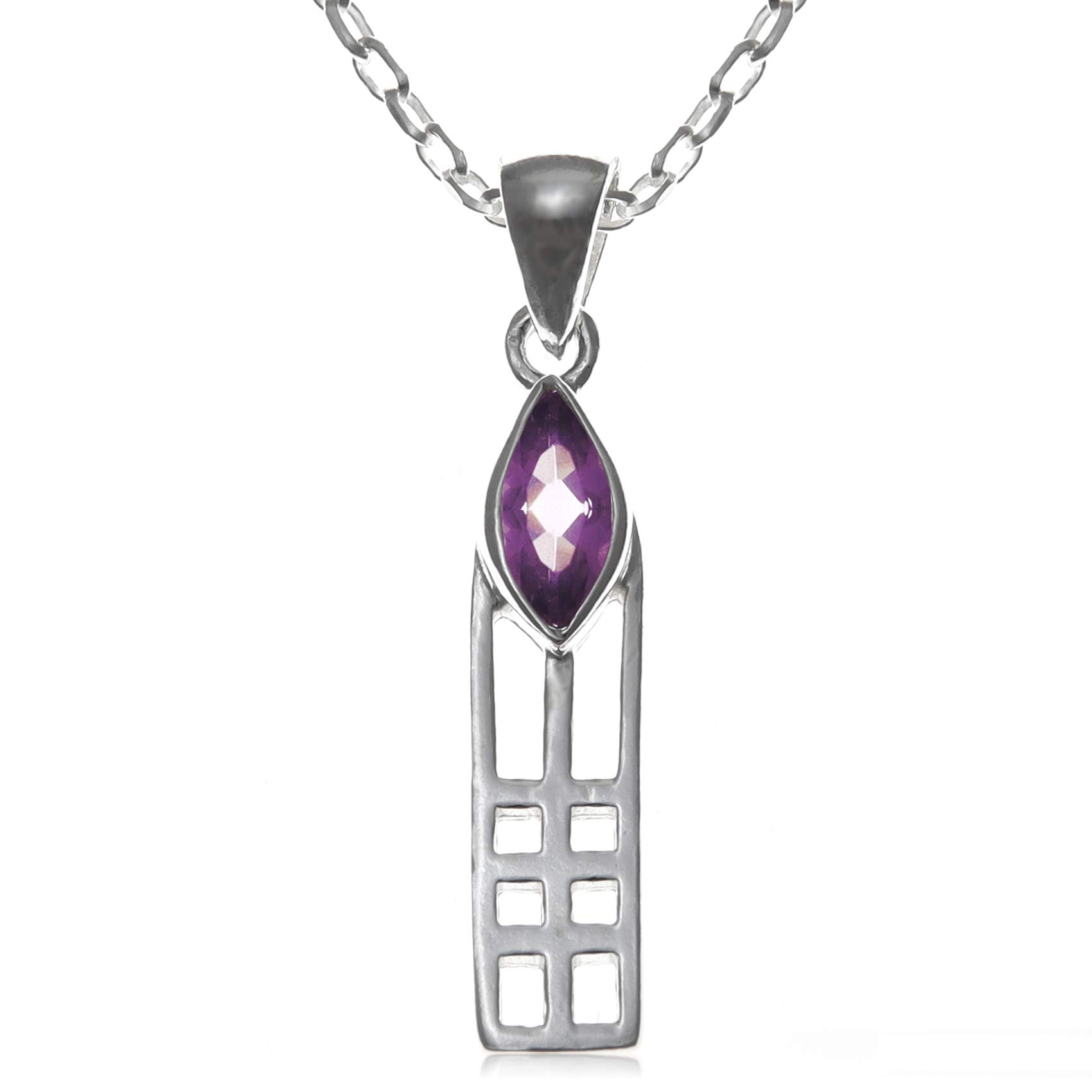 925 Sterling Silver & Amethyst Charles Rennie Mackintosh Pendant Necklace for Women - 18