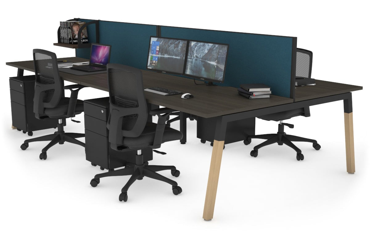 Quadro A Legs 4-Person Office Workstation with Wood Legs & Cross Beam - 1600L x 800W Dimensions with Cable Management Scallop | Perfect for Collaborative Workspaces, Home Offices & Shared Workstations
