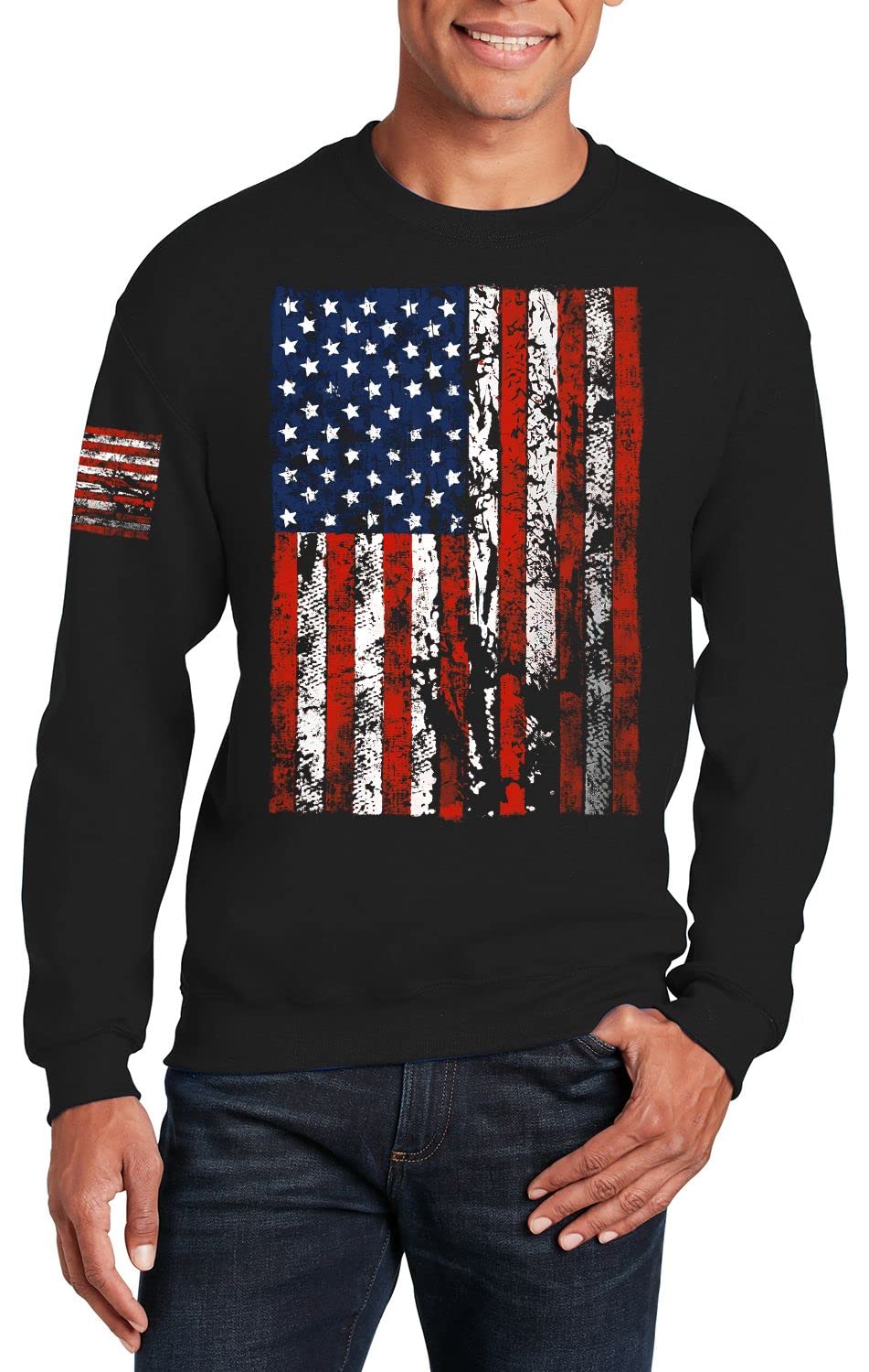 Shop4ever® USA Flag Vertical Design Crewneck Sweatshirt with Patriotic Sleeve - Perfect for 4th of July, Veterans Day & American Pride Events