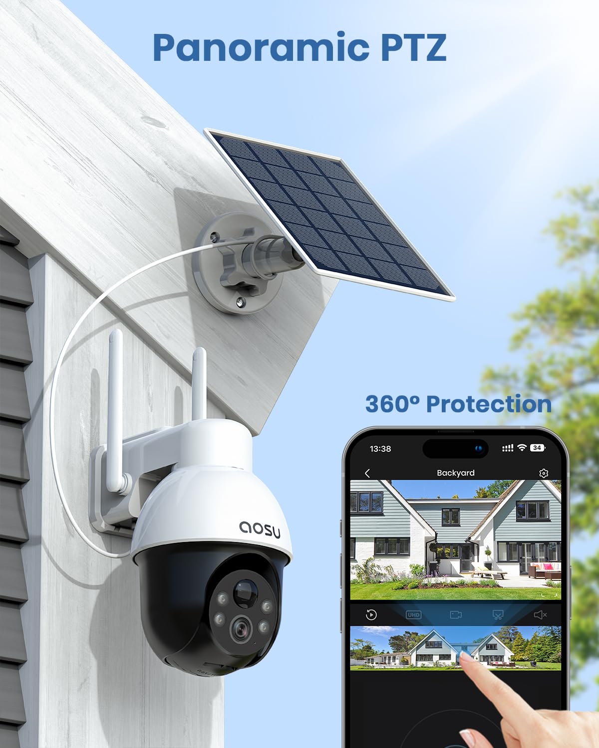AOSU 5MP Solar Security Camera Outdoor with Color Night Vision, 2 Pack Wireless Home Security Cameras with Auto Tracking, Solar Panel, 2-Way Audio & 2.4GHz WiFi - Ideal for Home, Garage, Yard & Business Surveillance