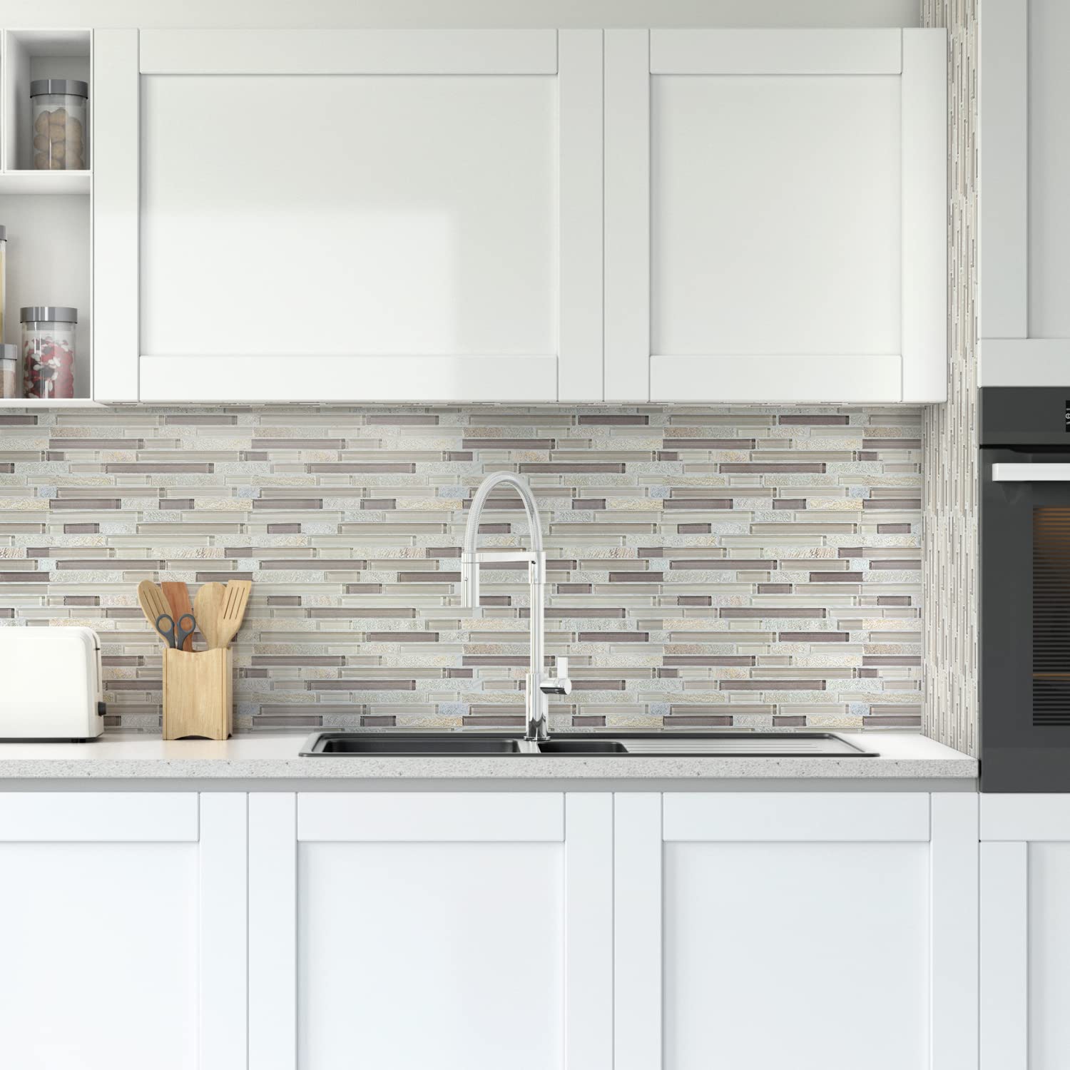 BuildMyplace 12x12 Inch Cotton Wood Random Strip Glass Quartz Blend Mosaic Tile - Peel and Stick Backsplash for Bathroom, Kitchen, Living Room & Dining Room (10 Tiles | Covers 10 sq. ft.) - Easy DIY Home Decor & Wall Accent Upgrade