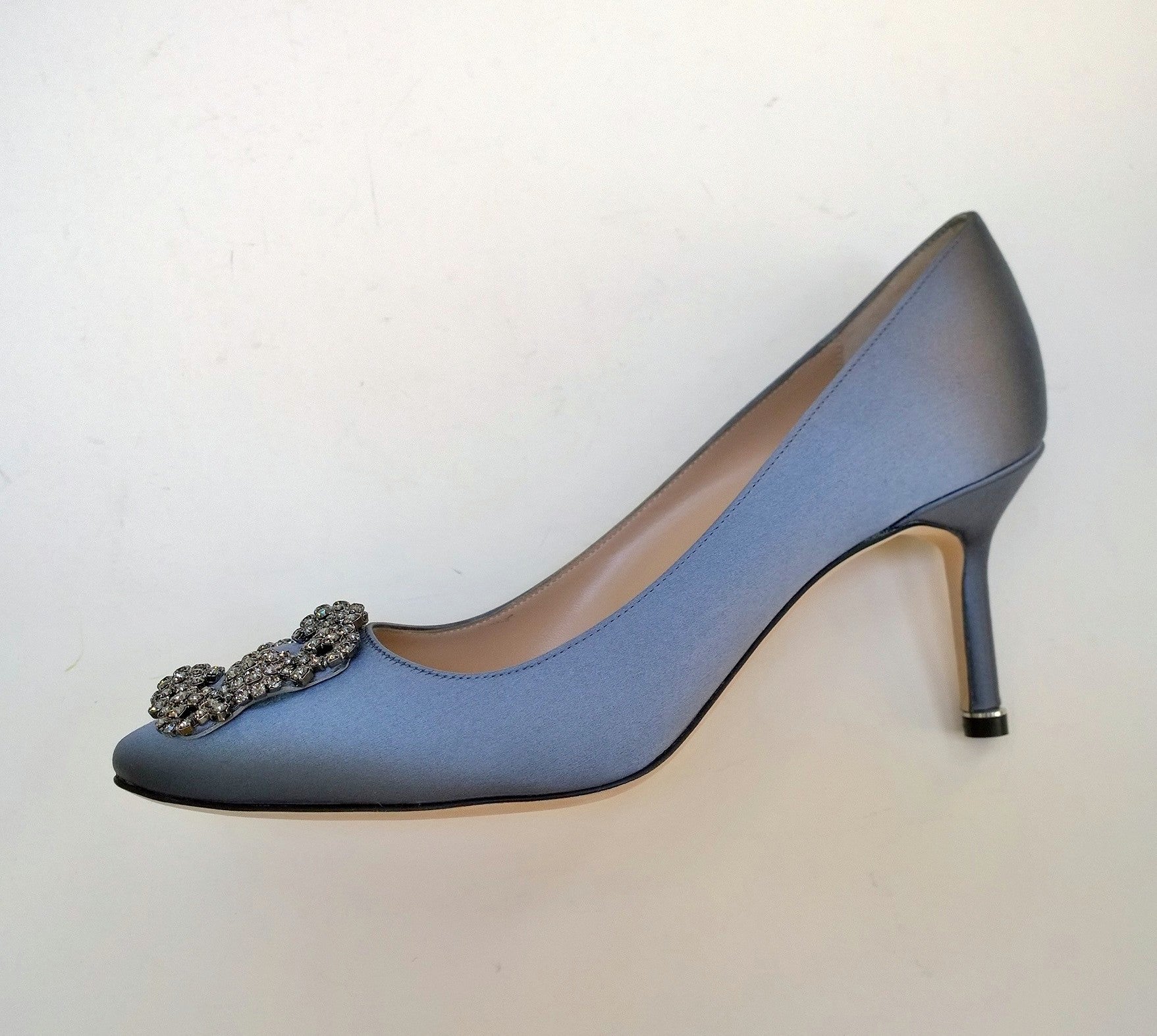 Manolo Blahnik Grey Satin Hangisi Rhinestone Buckle Heels - Women's Luxury Dress Pumps Size [X] | Perfect for Weddings, Red Carpet Events & Special Occasions