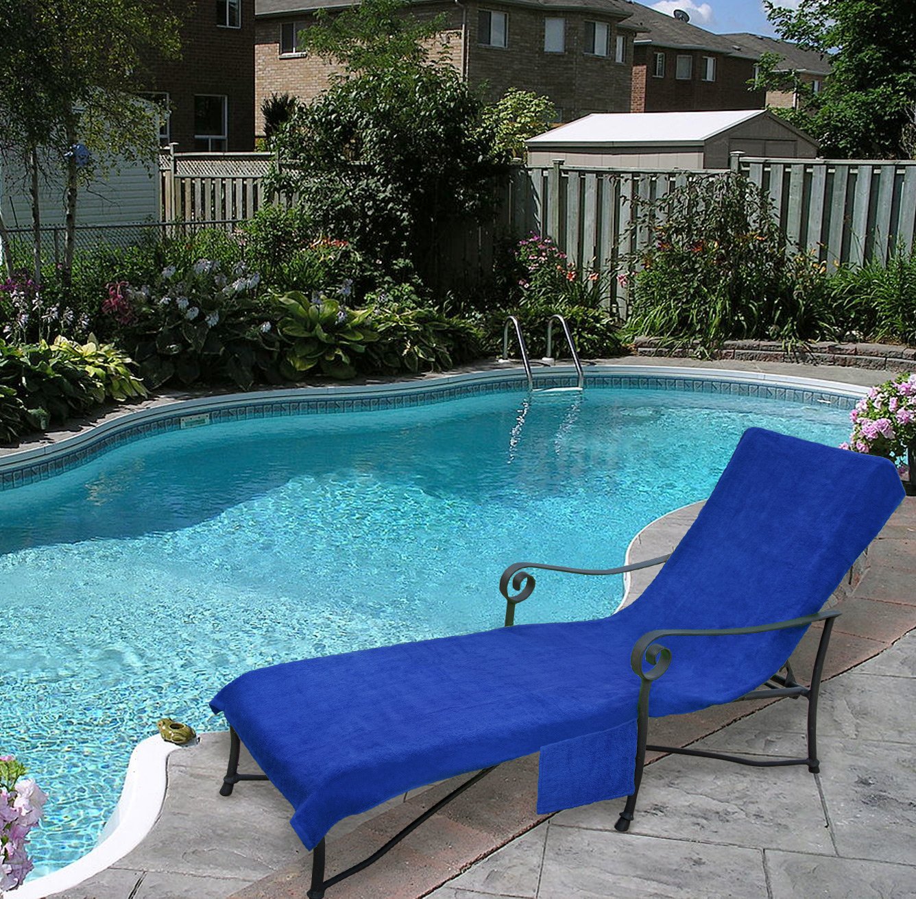 1000-Gram Waterproof Pool Chaise Lounge Chair Cover with 10-Inch Slip-on Back & Side Pocket - Heavy Duty Blue Outdoor Furniture Protector for Poolside, Patio, and Beach Use