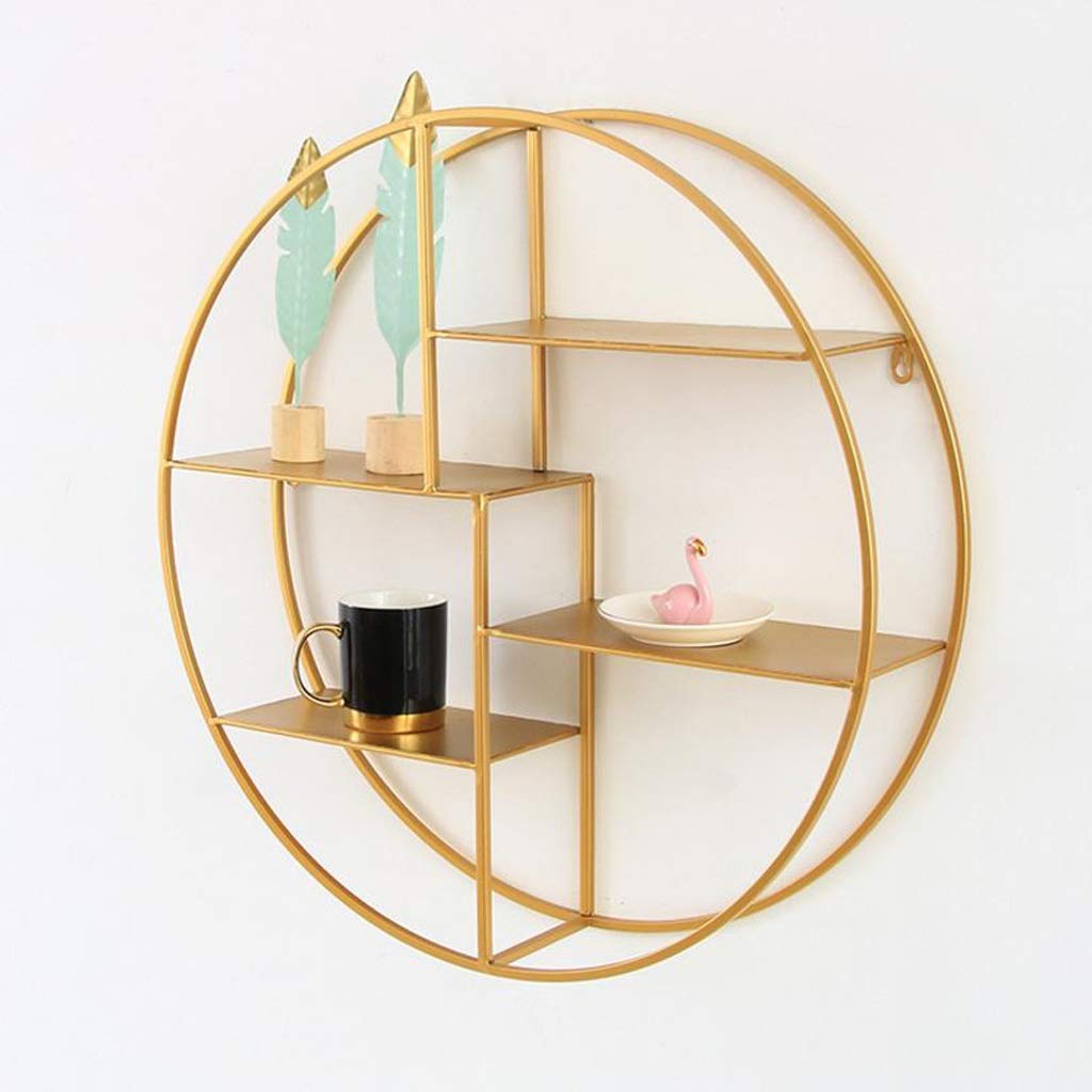 4-Tier Round Metal Wall Shelf with Storage - Gold Decorative Display Shelves for Living Room, Bedroom & Office Organization