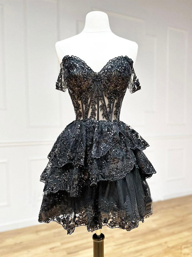 Elegant Black A-Line Sequin Tulle Short Prom Dress | Sparkling Homecoming Party Dress for Teens | Perfect for Prom Night, Homecoming Dance & Special Occasions