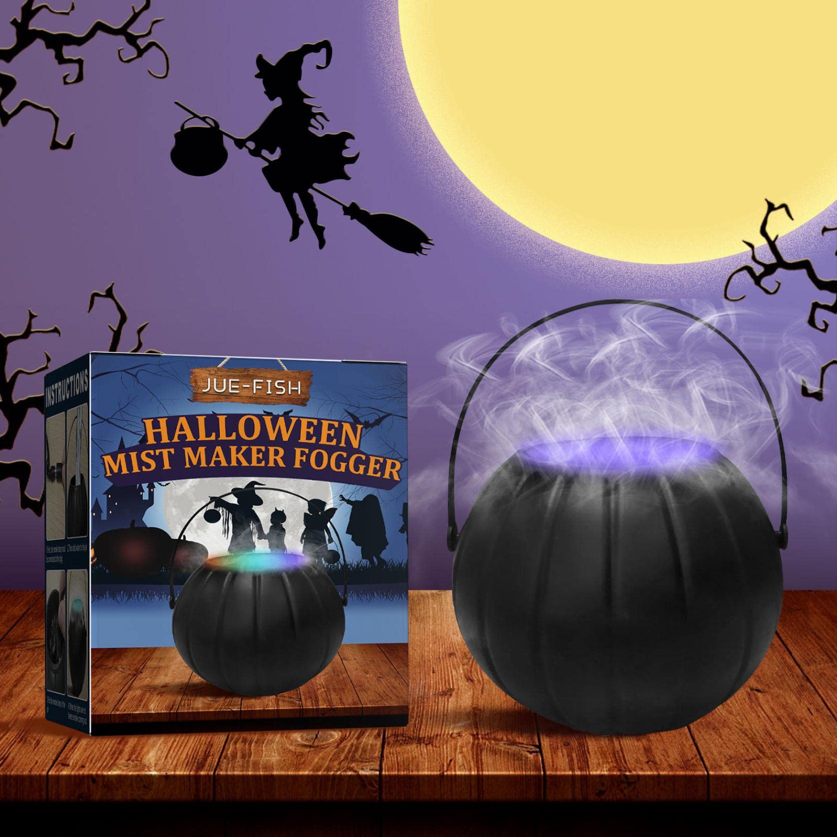 Halloween Evil Witch Cauldron Mist Maker Fog Machine with 12 Color Changing LED Lights - Indoor/Outdoor Fogger for Water Fountain, Pond & Party Decor - Perfect for Halloween Decorations, Spooky Parties & Gift Giving