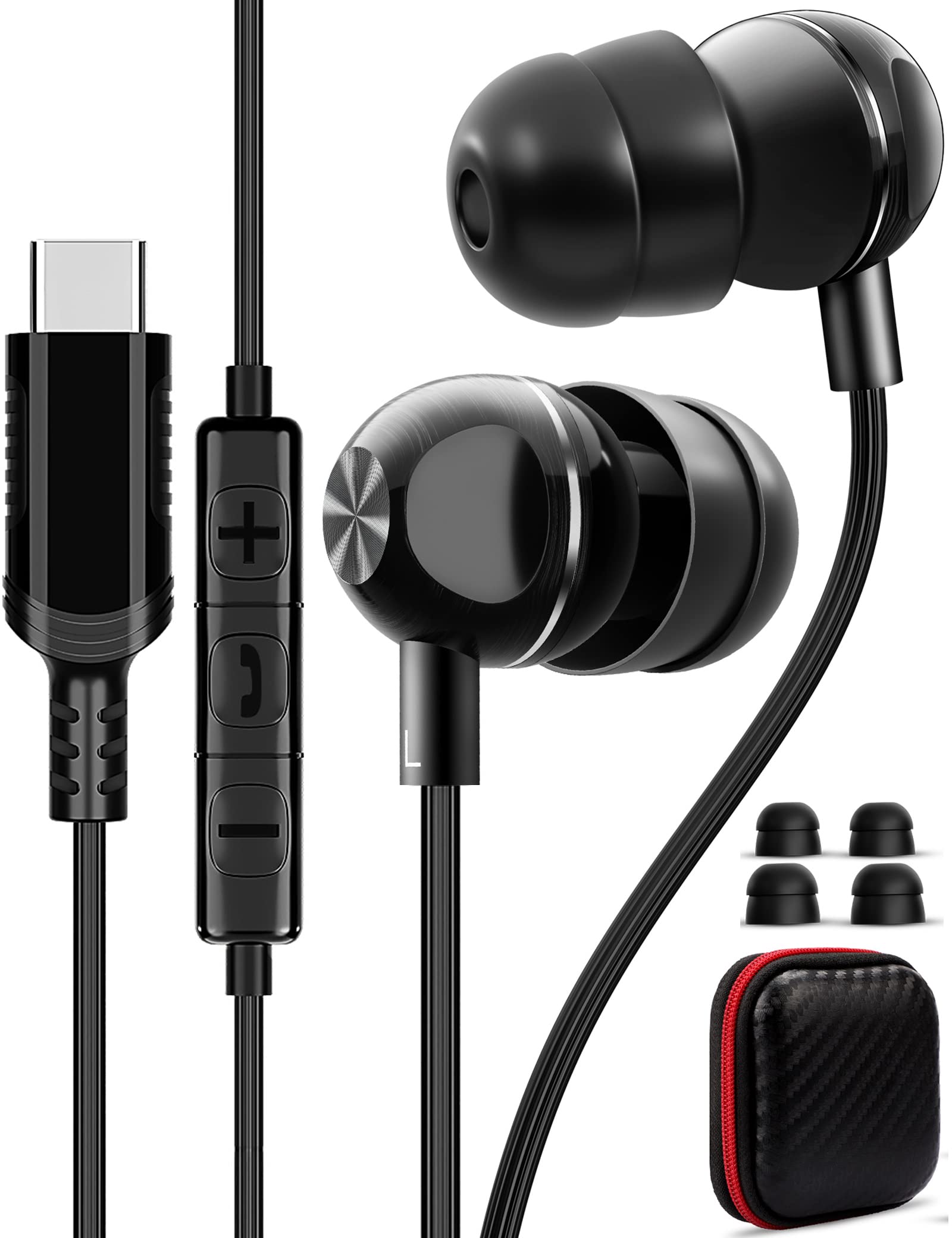 USB C Wired Earbuds with Microphone & Noise Canceling - Magnetic In-Ear Type C Headphones for Samsung Galaxy S20/S21/S22/S23/A53/Z Flip 5/Fold 4, Google Pixel 6/6a/7/7a, OnePlus - Perfect for Gaming, Workouts & Commuting (Black)