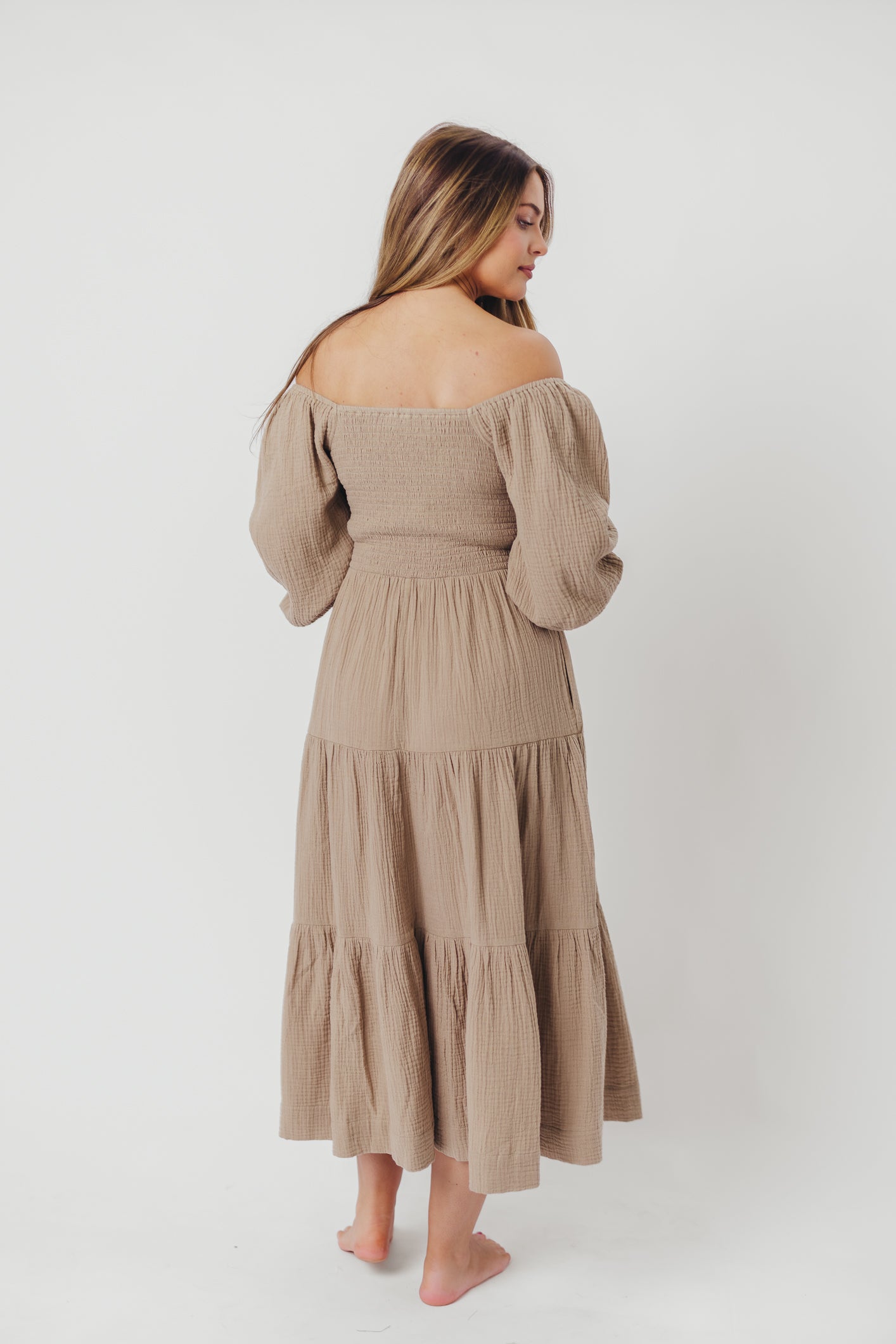 Taylor Cotton Smocked Midi Dress with Tiered Skirt in Pumice - Inclusive Sizing (XS-3X) | Flowy Summer Dress for Women | Perfect for Beach Vacations, Brunch Dates & Garden Parties