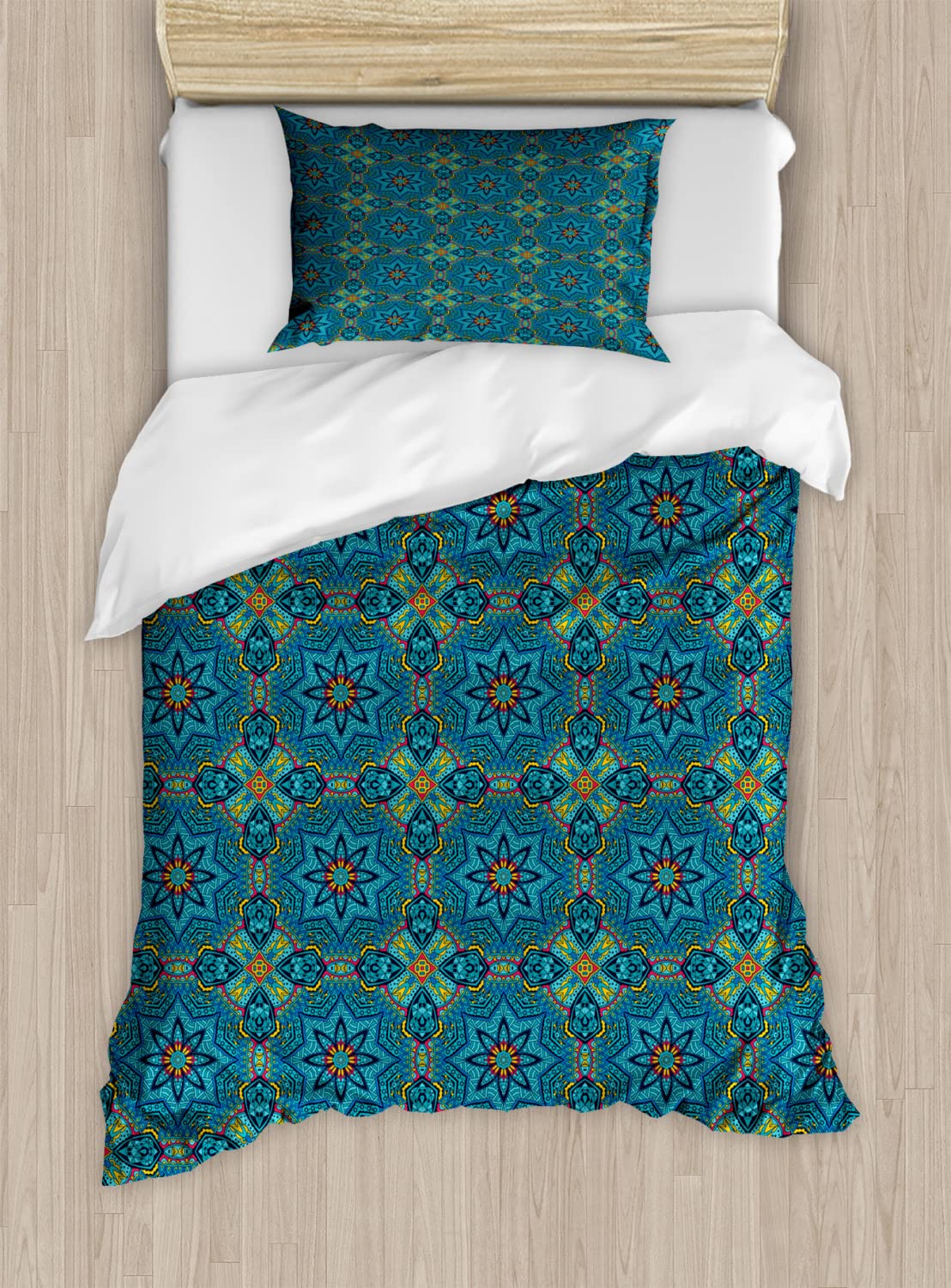 Ambesonne King Size Tribal Duvet Cover Set - 2 Pack with 4 Pillowcases, Colorful Abstract Floral Design with Geometric Circles & Rhombus Patterns | Perfect for Bohemian Bedroom Decor, Guest Room Makeover, or Unique Gift Idea