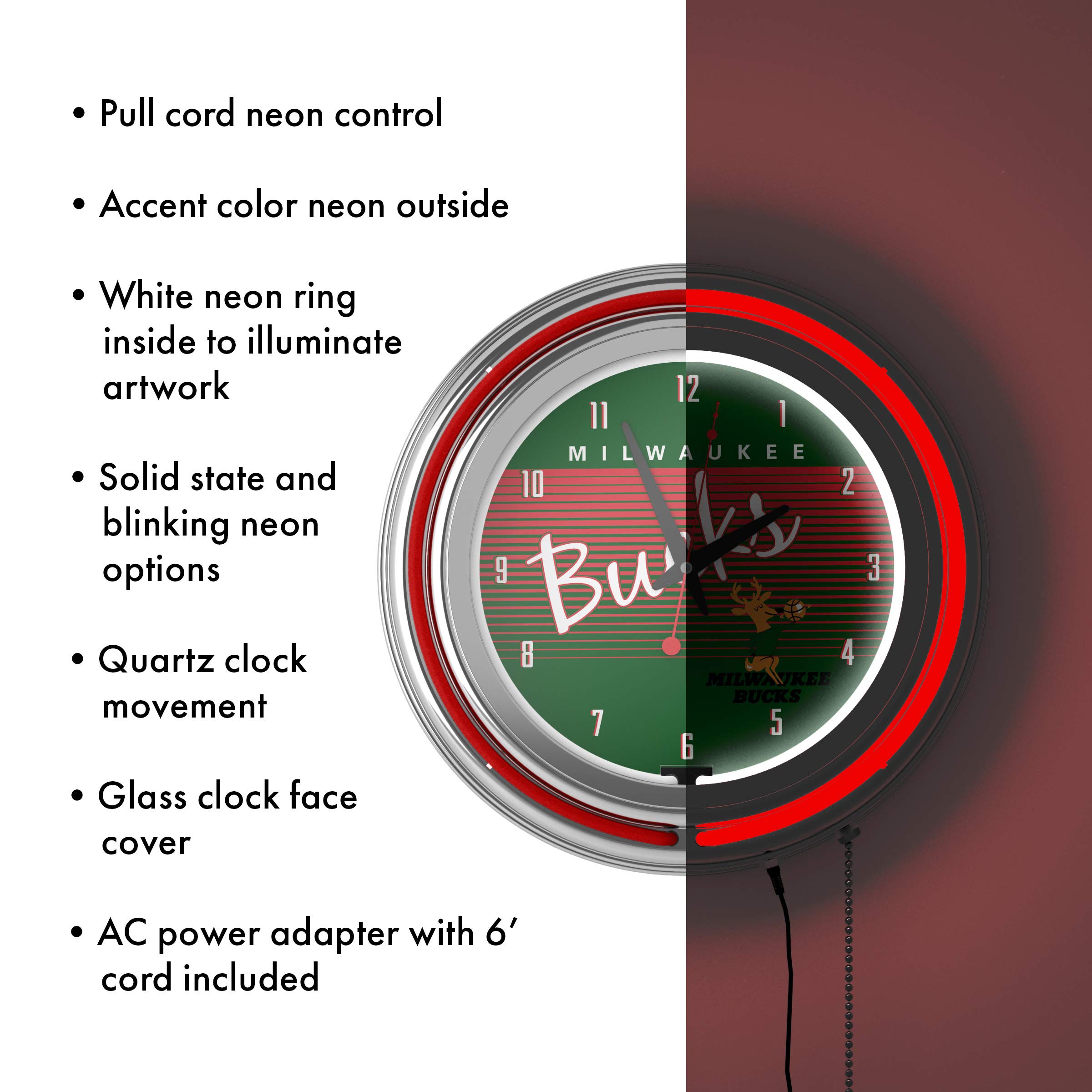 Milwaukee Bucks Hardwood Classics NBA Chrome Neon Clock - Stylish LED Wall Clock for Home, Office, and Game Room Decor
