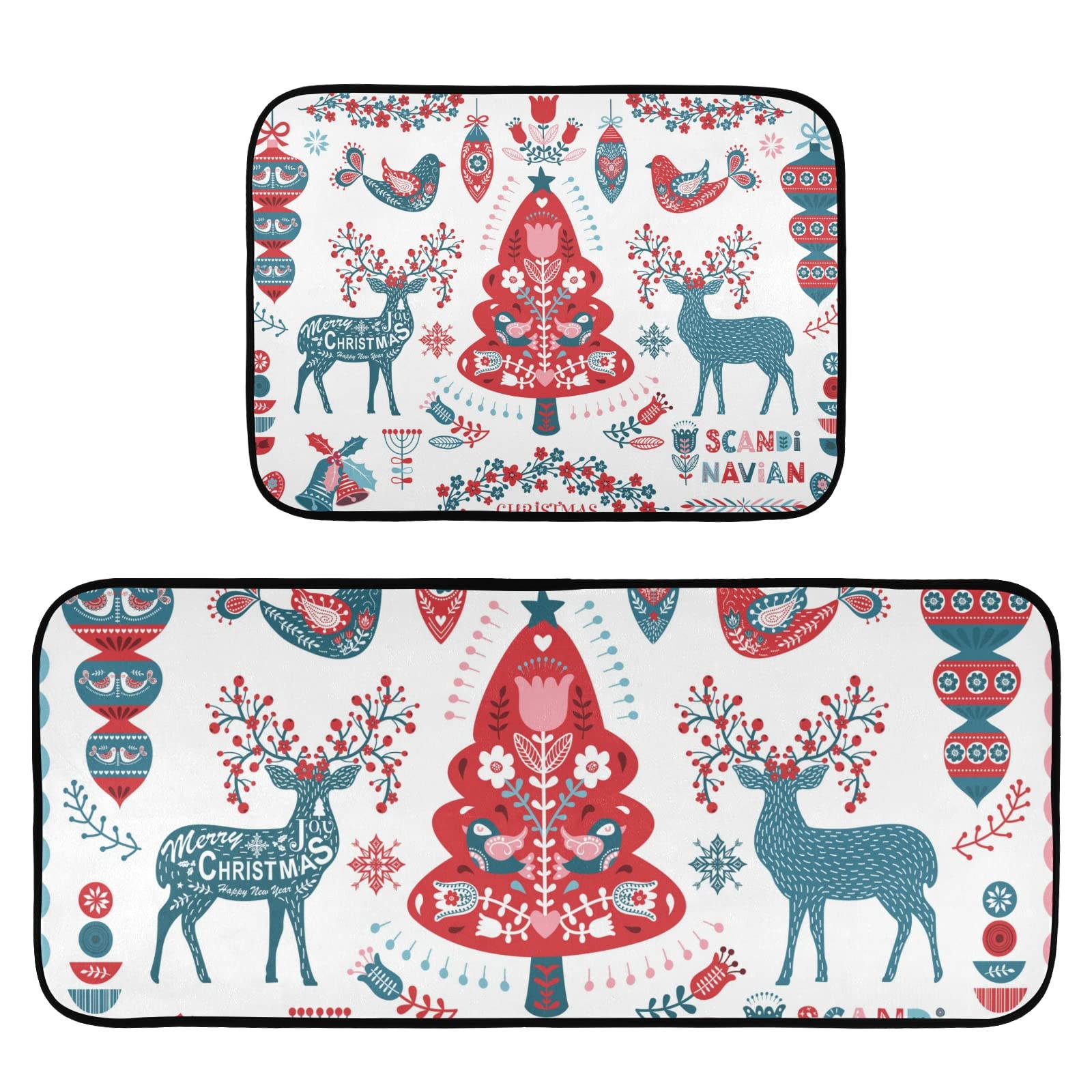 2-Piece Christmas Tree and Reindeers Anti-Fatigue Kitchen Rug Set - Waterproof Non-Slip Floor Mat with Comfort Elastic Cotton Layer - Perfect for Kitchen, Sink, Laundry, Office & Home Decor During Holidays