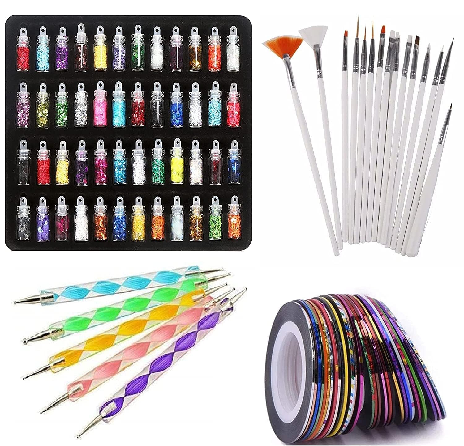 Khelni 48-Piece Nail Art Kit with Glitter Stones, 15 Nail Brushes, 10 Round Tapes & 5 Dotting Pens - Professional DIY Manicure Set for Home Salon, Parties, and Gift Giving