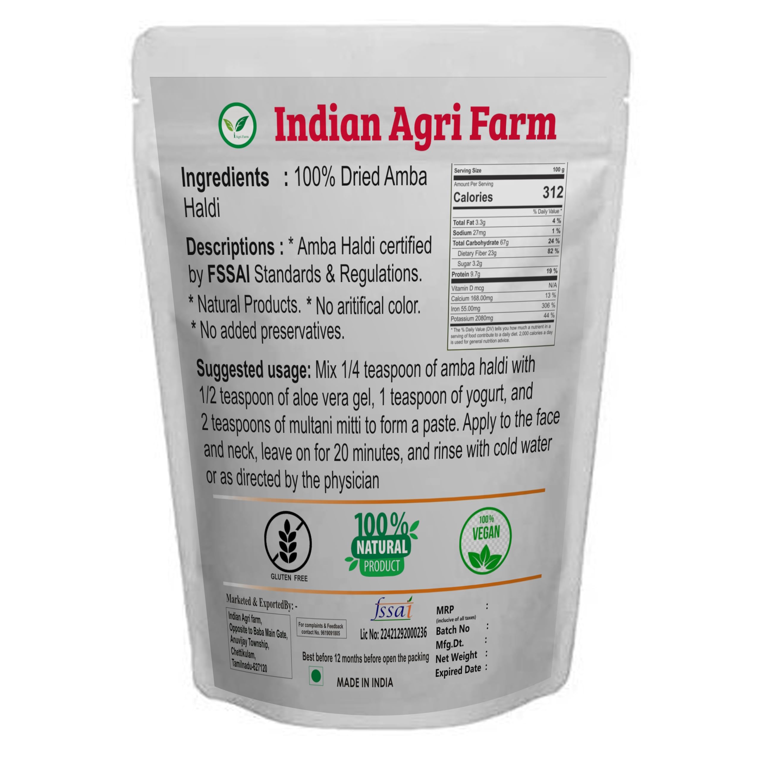 Organic Wild Turmeric Powder (Kasturi Manjal) - 100g | Natural Skin Brightening & Anti-Aging Face Mask | Amba Haldi for Glowing Complexion | Perfect for DIY Beauty Treatments & Ayurvedic Skincare Rituals