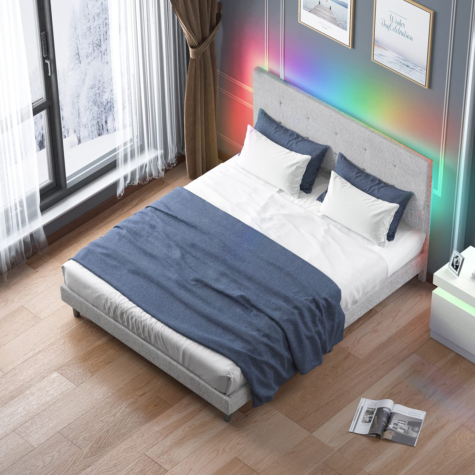 Full Size Bed Frame with Smart RGB LED Lights - Button Tufted Upholstered Platform Bed with Adjustable Headboard, Linen Fabric, No Box Spring Needed (Light Grey) - Perfect for Modern Bedrooms, Gaming Rooms & Teen Rooms