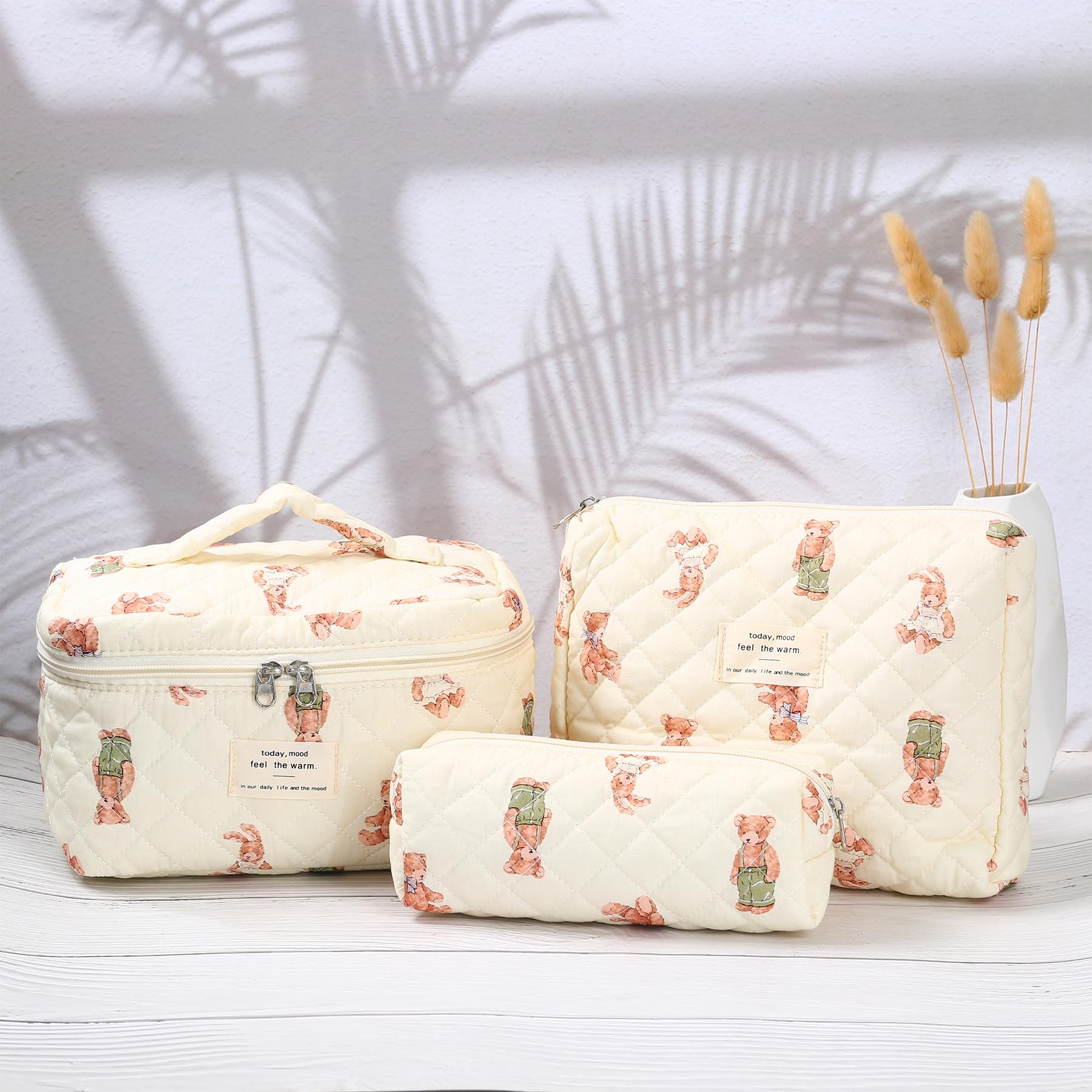 3Pcs Floral Makeup Bag Set - Cotton Quilted Travel Cosmetic Organizer for Women | Perfect for Travel & Daily Use