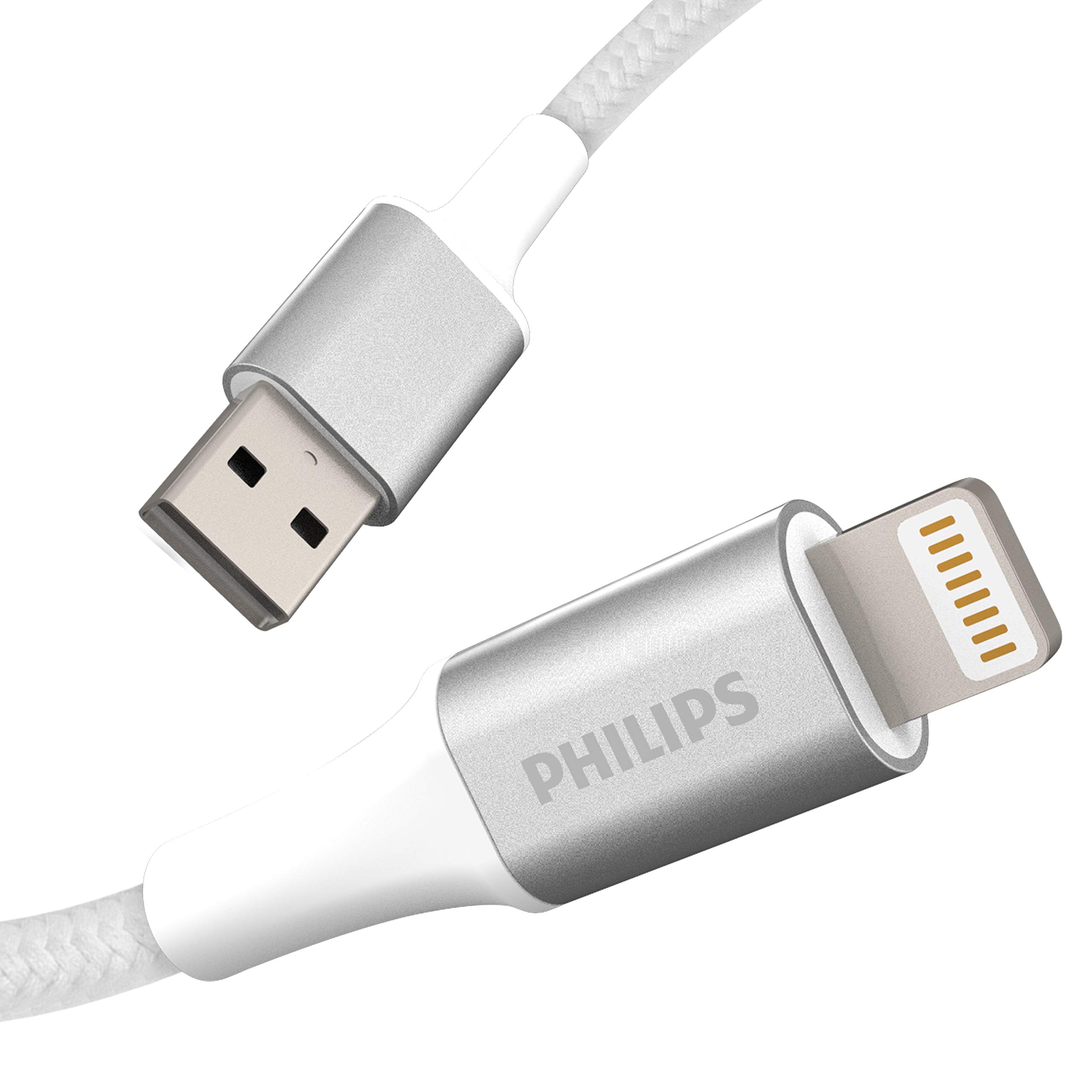 Premium Philips Elite 6ft Braided USB-A to Lightning Cable - Fast Charging & Durable for iPhone 12/11/Pro/Max/XS/XR/X/8, iPad, iPad Mini, iPad Air - White (DLC6206V/37) | Perfect for Home, Office & Travel Charging