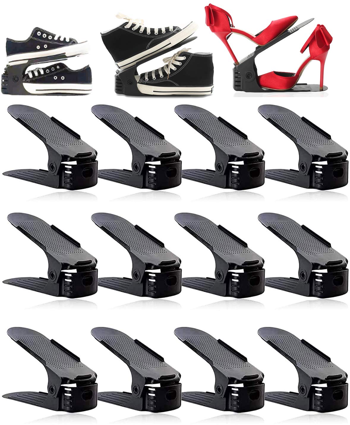 12 Pack Adjustable Double Layer Shoe Organizer Rack - Space Saving Closet Storage for Shoes & Sandals - Perfect for Bedroom, Closet, and Entryway Organization