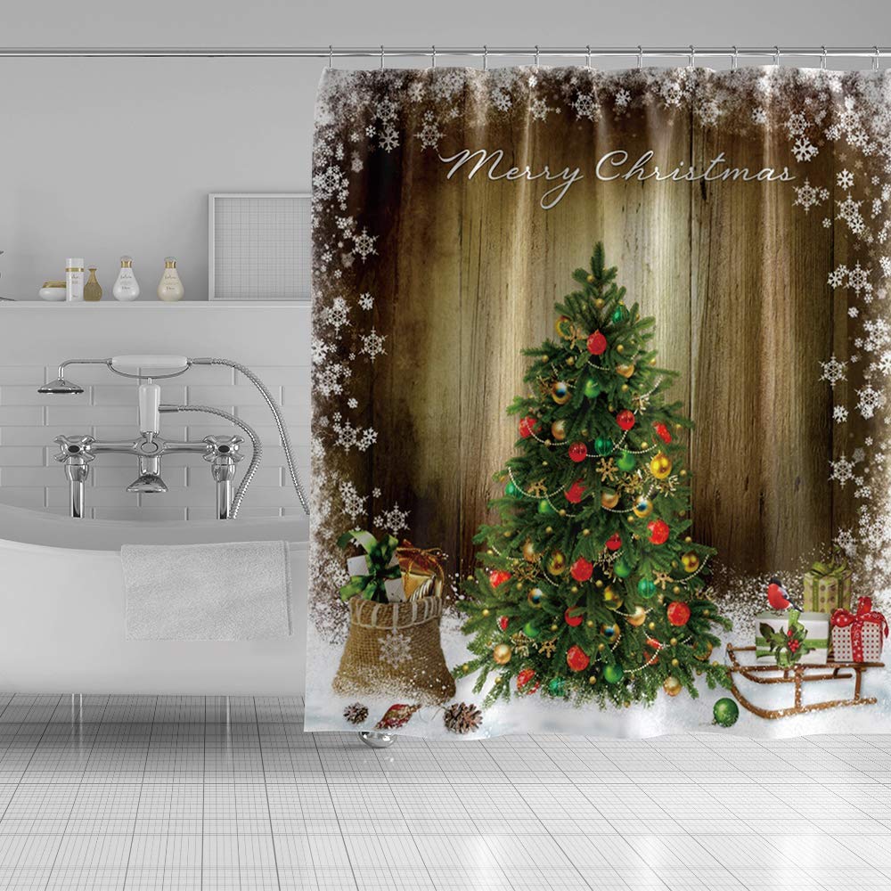 Merry Christmas Shower Curtain - Retro Wood Plank Design with Snowflakes & Xmas Tree - Waterproof Polyester Bathroom Decor (63x63 Inches) - Perfect for Holiday Bathroom Decorations & Festive Home Styling