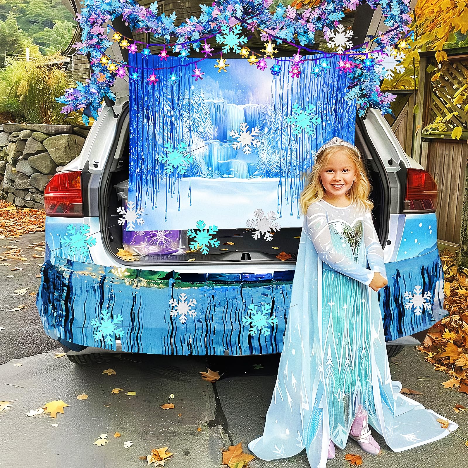 Halloween Trunk or Treat Car Decorations Kit with LED Lights - Ice & Snow Themed SUV/Truck Stickers (Blue & White) for Spooky Seasonal Parties & Neighborhood Trick-or-Treat Events