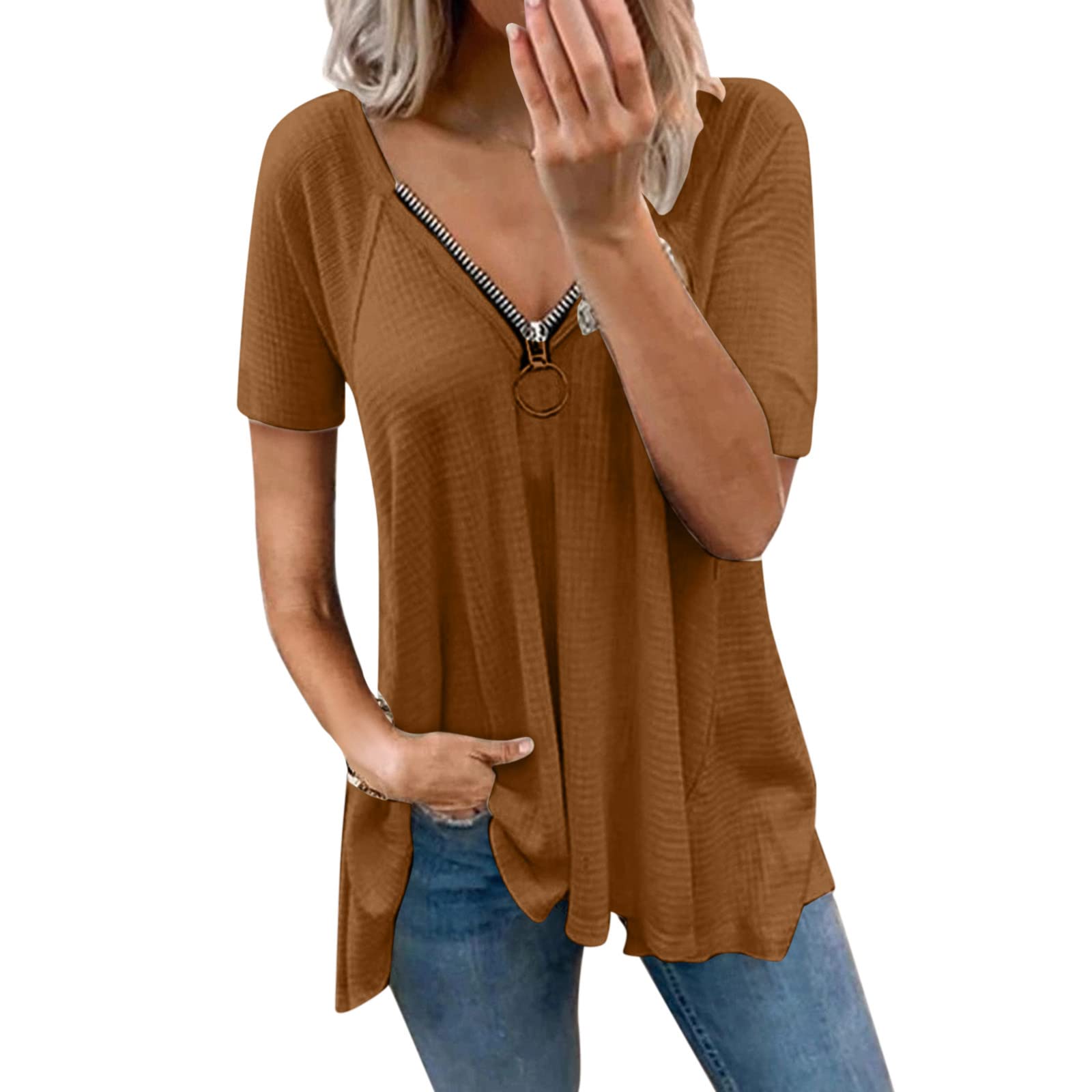 Elegant Women's V-Neck Zipper Blouse - Solid Color Short Sleeve Casual Top (Brown, XXL) | Perfect for Office Wear, Date Nights & Casual Outings