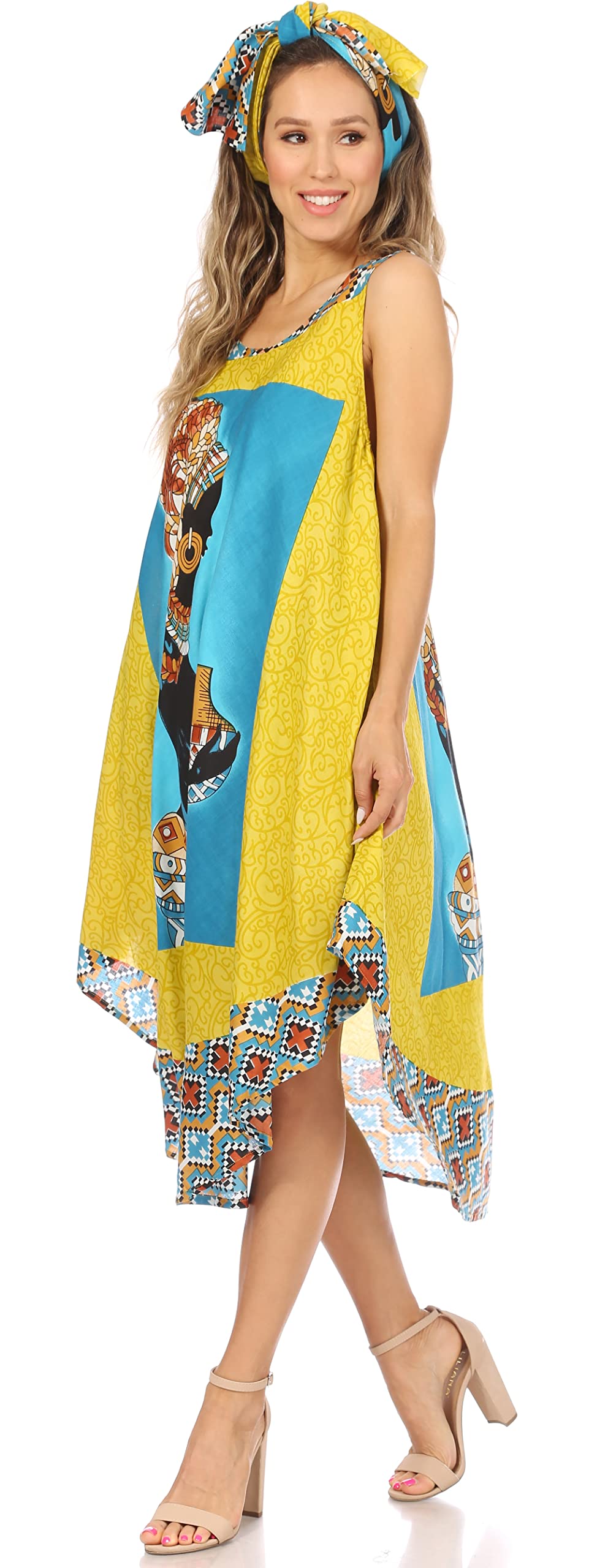 Sakkas Urbi Women's African Print Beach Cover Up Dress - Sleeveless Casual Caftan for Summer Vacation, Pool Party & Boho Outfit