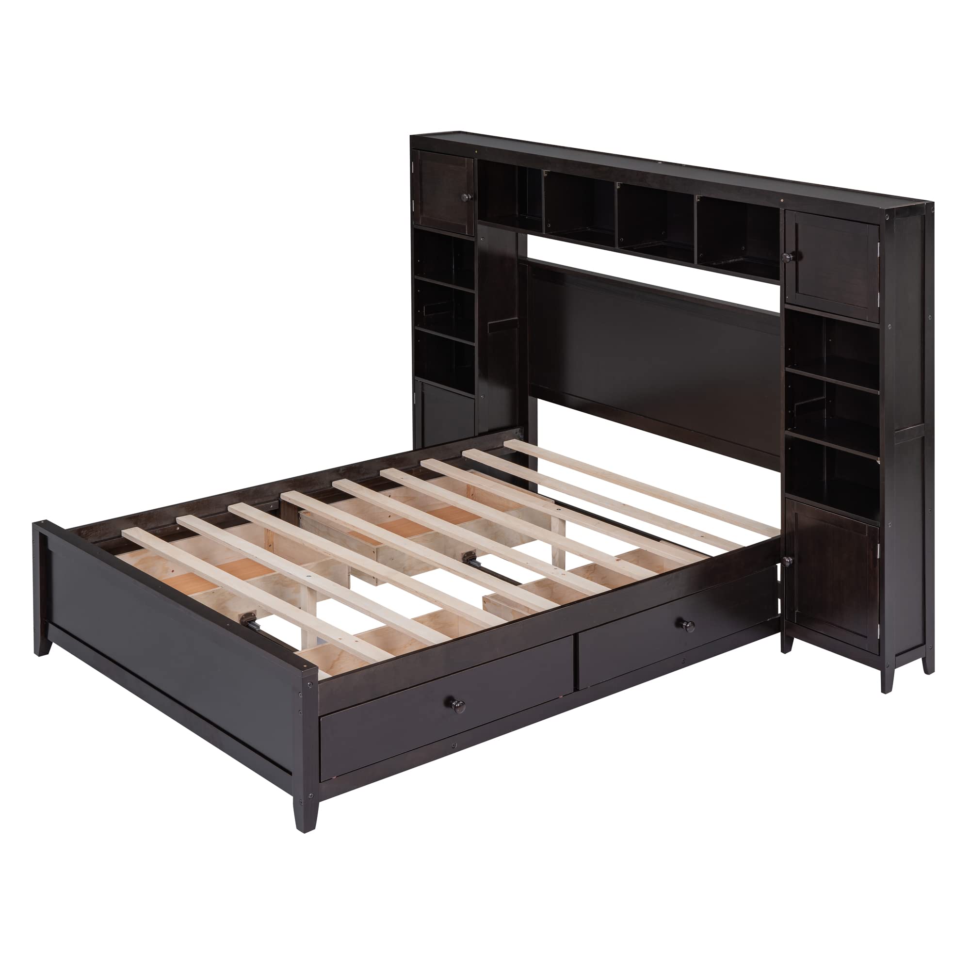 Full Size Wooden Platform Bed Frame with Storage Drawers, Cabinet & Shelves - All-in-One Panel Bed with Headboard & Slats Support (No Box Spring Needed) - Espresso Finish - Perfect for Small Bedrooms, Guest Rooms & Space-Saving Solutions