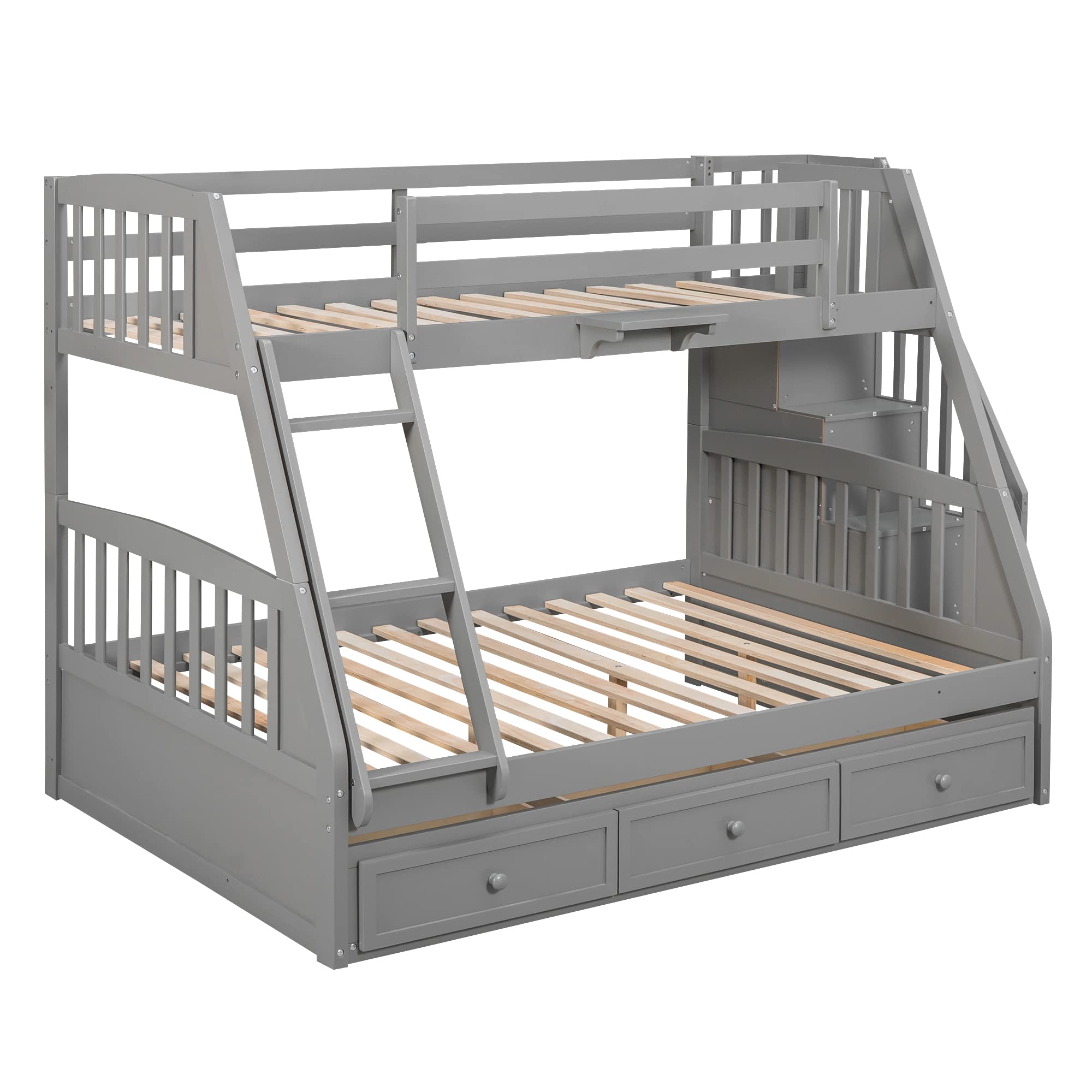 Solid Wood Twin-Over-Full Bunk Bed with Stairs & Storage - Kids Teens Adults Bedroom Furniture (Gray)