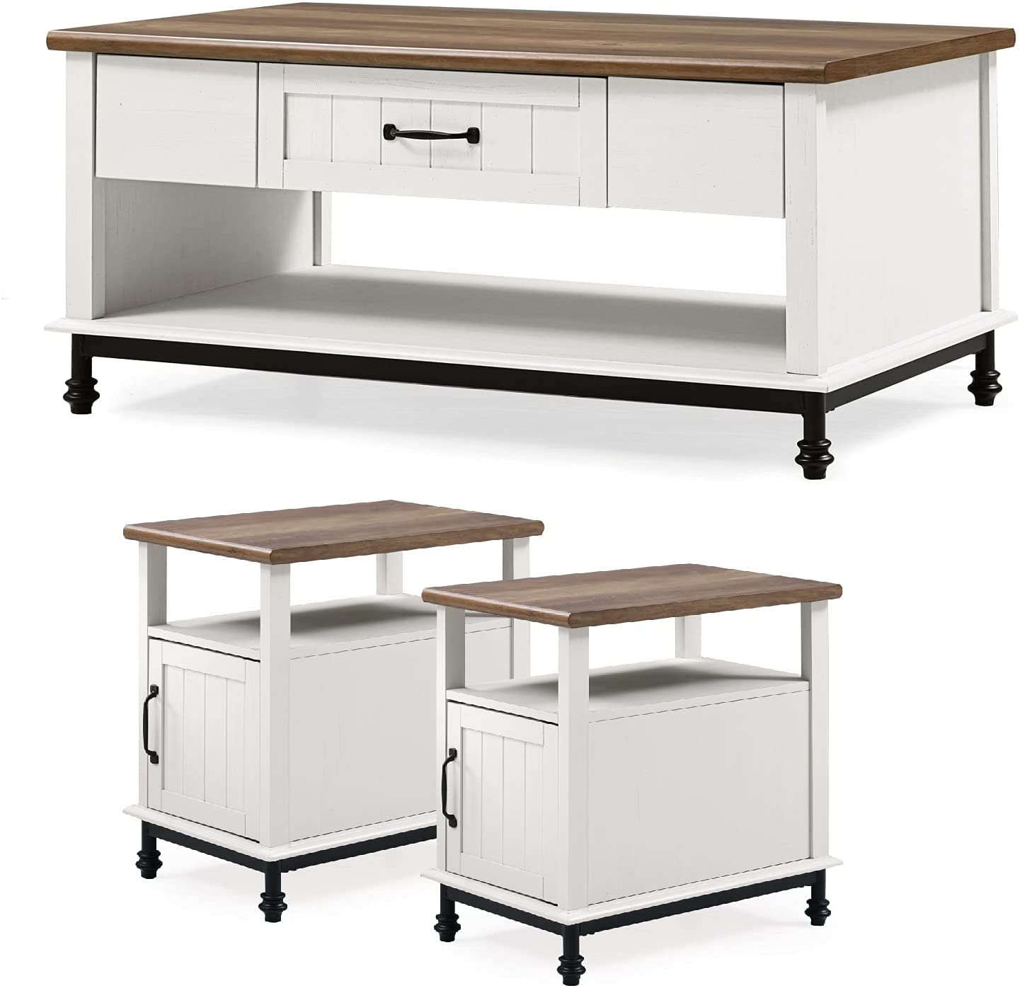 WAMPAT Premium Farmhouse Coffee Table Set of 3 - Large Rectangle Center Table with Storage Drawers & 2 End Side Tables with Accent Cabinet - White/Oak Finish - Perfect for Living Room, Family Room & Cozy Home Decor
