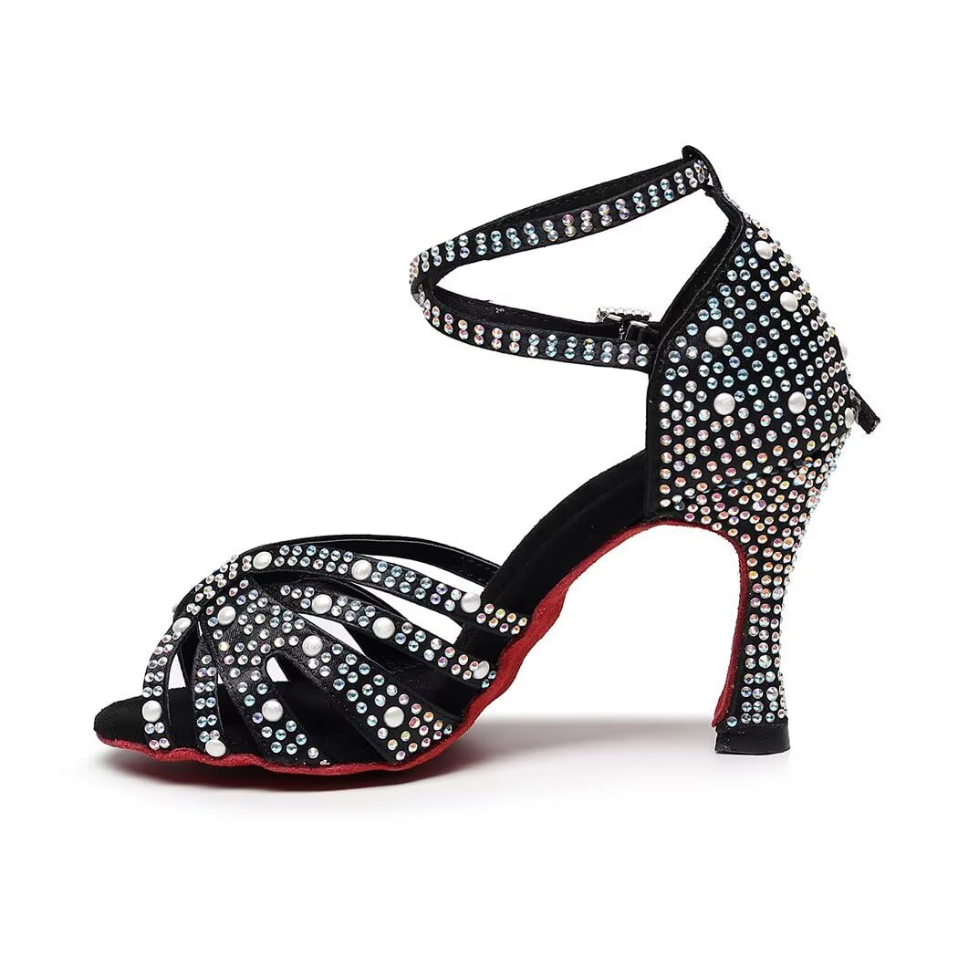 Sparkly Women's Rhinestone Salsa & Bachata Dance Shoes - Professional Ballroom Latin Dance Shoes with Satin Finish for Practice & Performance | Perfect for Social Dancing, Competitions & Wedding Dances