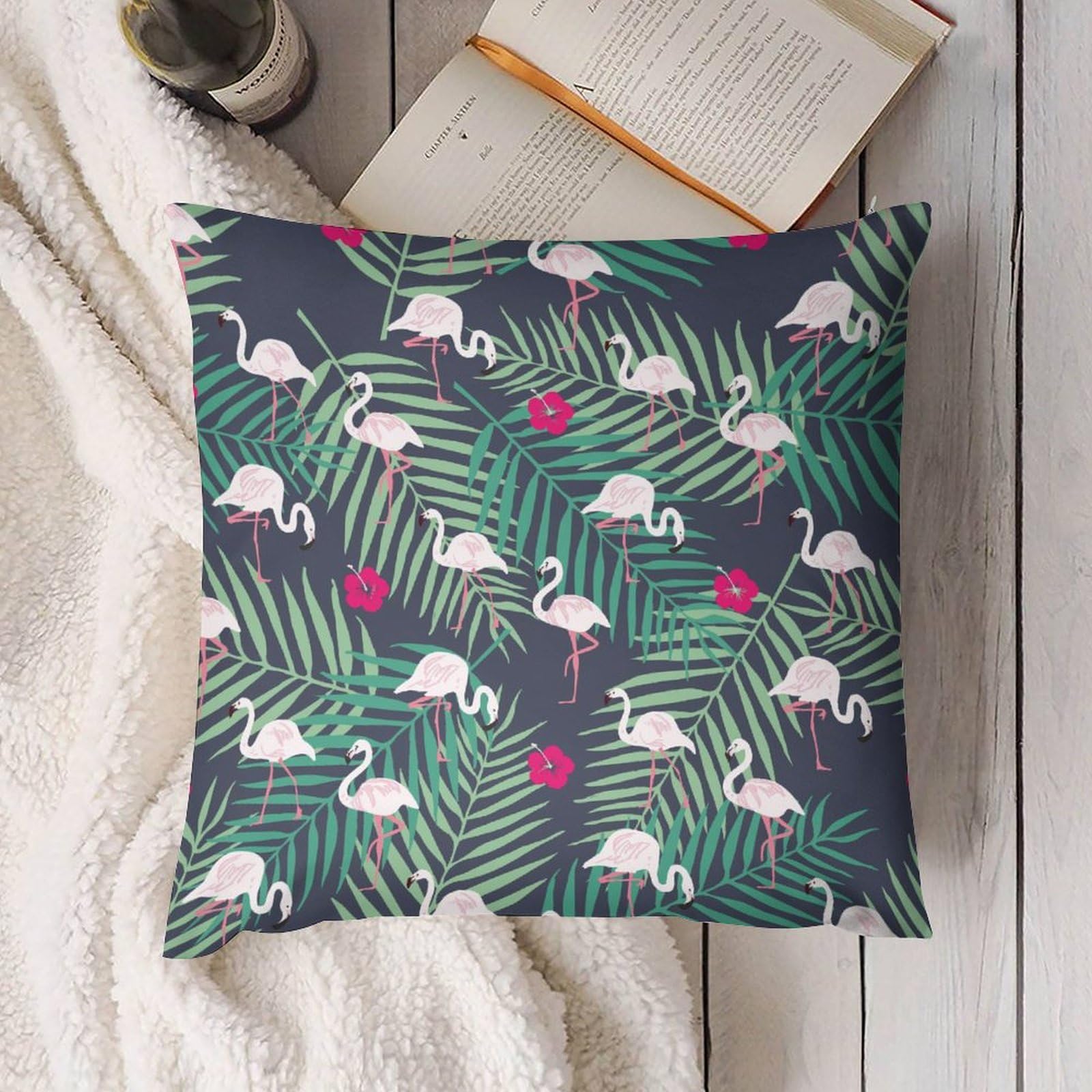 Tropical Flamingo & Leaf Plush Pillow Covers Set of 4 - 22x22 Inch Soft Cushion Cases for Sofa, Bed, Couch - Home Decor, Living Room Accessories, Tropical Themed Bedding