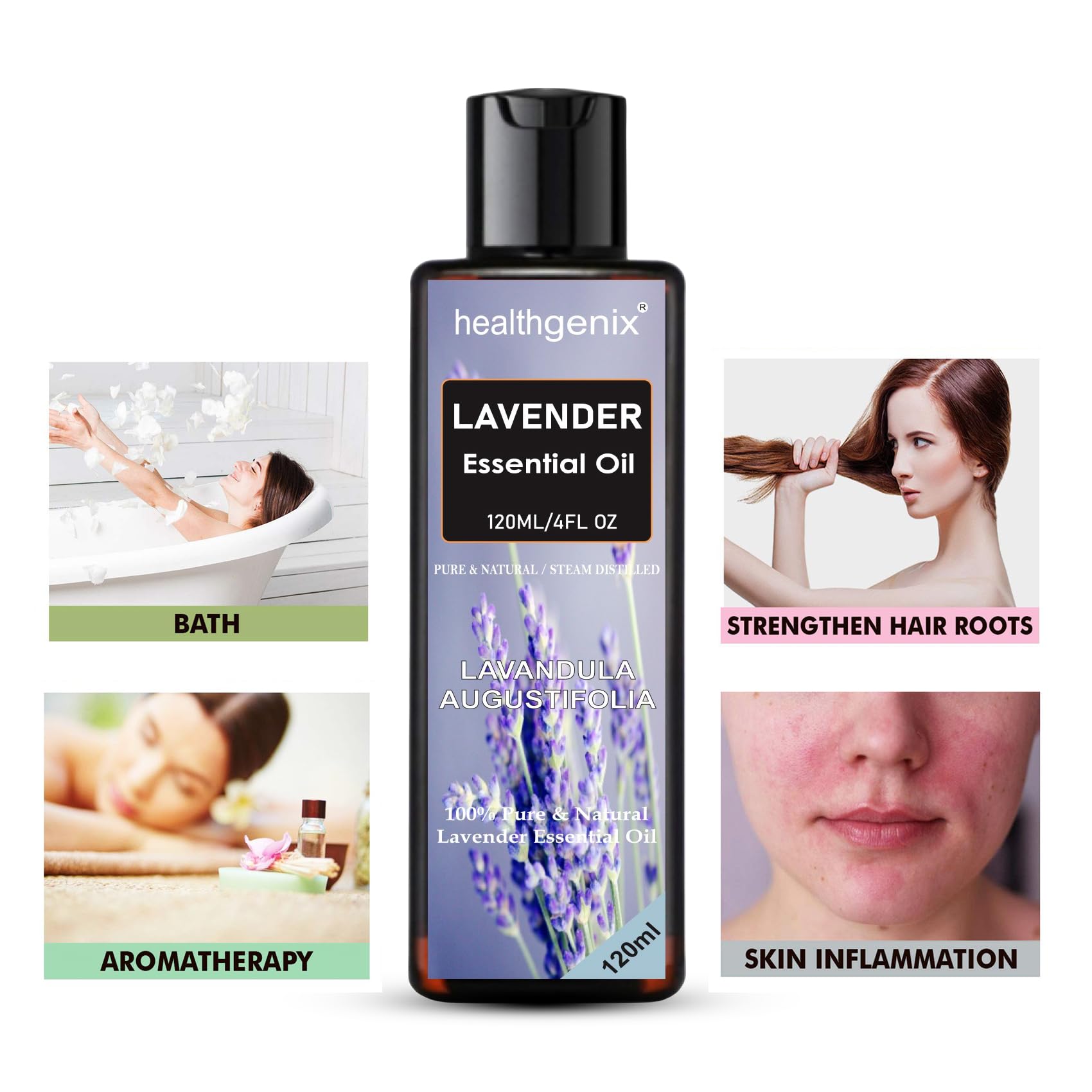 Healthgenix Lavender Essential Oil 120ml with Free Rose Water 60ml - 100% Pure Therapeutic Grade for Hair Growth, Skin Care, Scalp Nourishment, Aromatherapy, Diffuser & Relaxation | Perfect for Stress Relief, Spa Days, Massage Therapy and Better Sleep