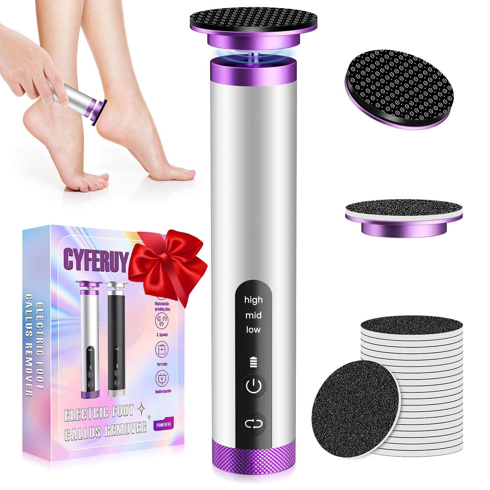 Electric Callus Remover for Feet with Nano-Glass Head & Replaceable Sandpaper Discs - Professional Pedicure Tool for Dead Skin Removal - Perfect for Home Foot Care & Spa Treatments (Purple)