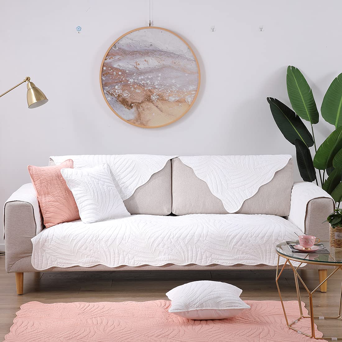 VCTOPS Leaf Embroidery Cotton Sofa Cover - Non-Slip Sectional Couch Slipcover for Pets (Dogs & Cats) - Fits Love Seat, Recliner & L-Shaped Leather Sofas - Armrest & Backrest Protection - White 36x82 Inches - Perfect for Pet Owners & Home Decor
