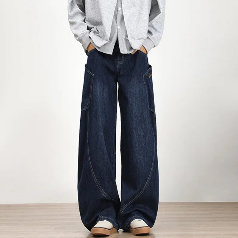 American Style Men's Denim Jeans - Straight Leg Casual Pants with Side Pockets & Letter Design, Solid Color Wide Bottom (Style 9C9272) | Perfect for Everyday Wear, Street Fashion & Casual Outings
