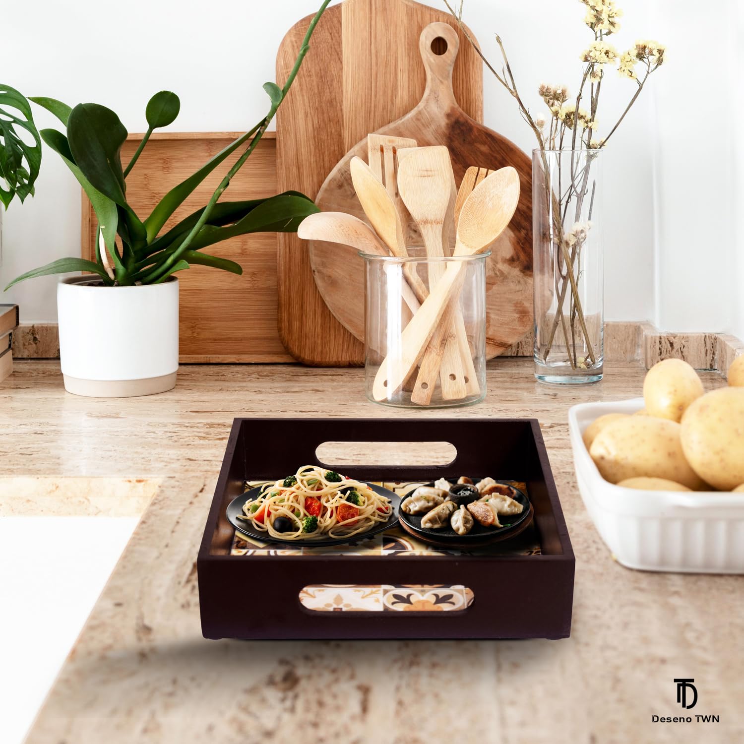 Deseno TWN 8x8 Inch Wooden Square Serving Tray - Kitchen Organizer, Dining Table Decor, Dry Fruit & Snack Tray with Meena Work Design - Perfect for Parties, Tea Time, and Home Decor