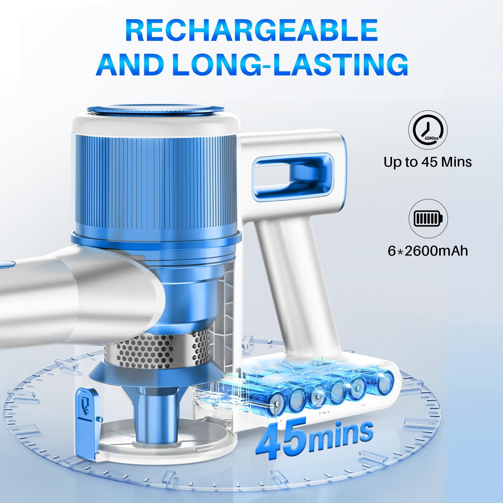 Lightweight Cordless Vacuum Cleaner for Home - 45Kpa Powerful Suction, Rechargeable Battery with 45Min Runtime, 8-in-1 Handheld Vacuum for Hard Floors & Carpets (Blue) | Perfect for Pet Hair Removal & Quick Home Cleaning